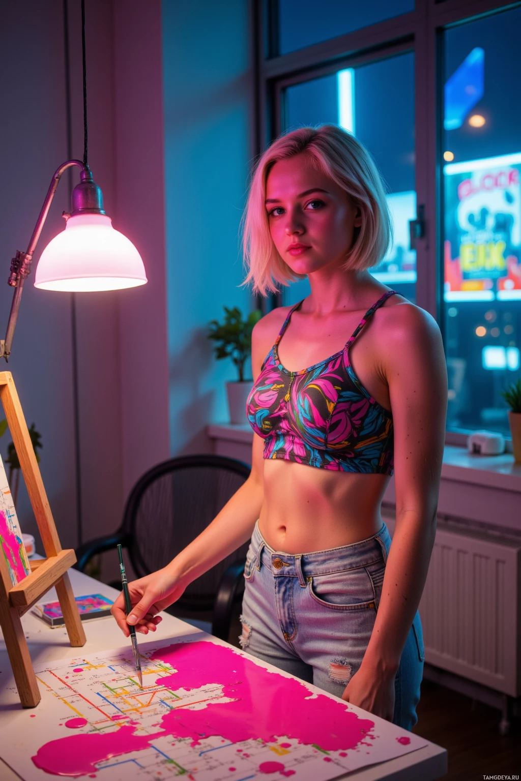 A person stands in a room with neon lighting, holding a paintbrush and working on a canvas.