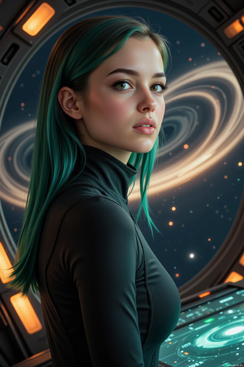 A person with green hair stands in a futuristic space setting.