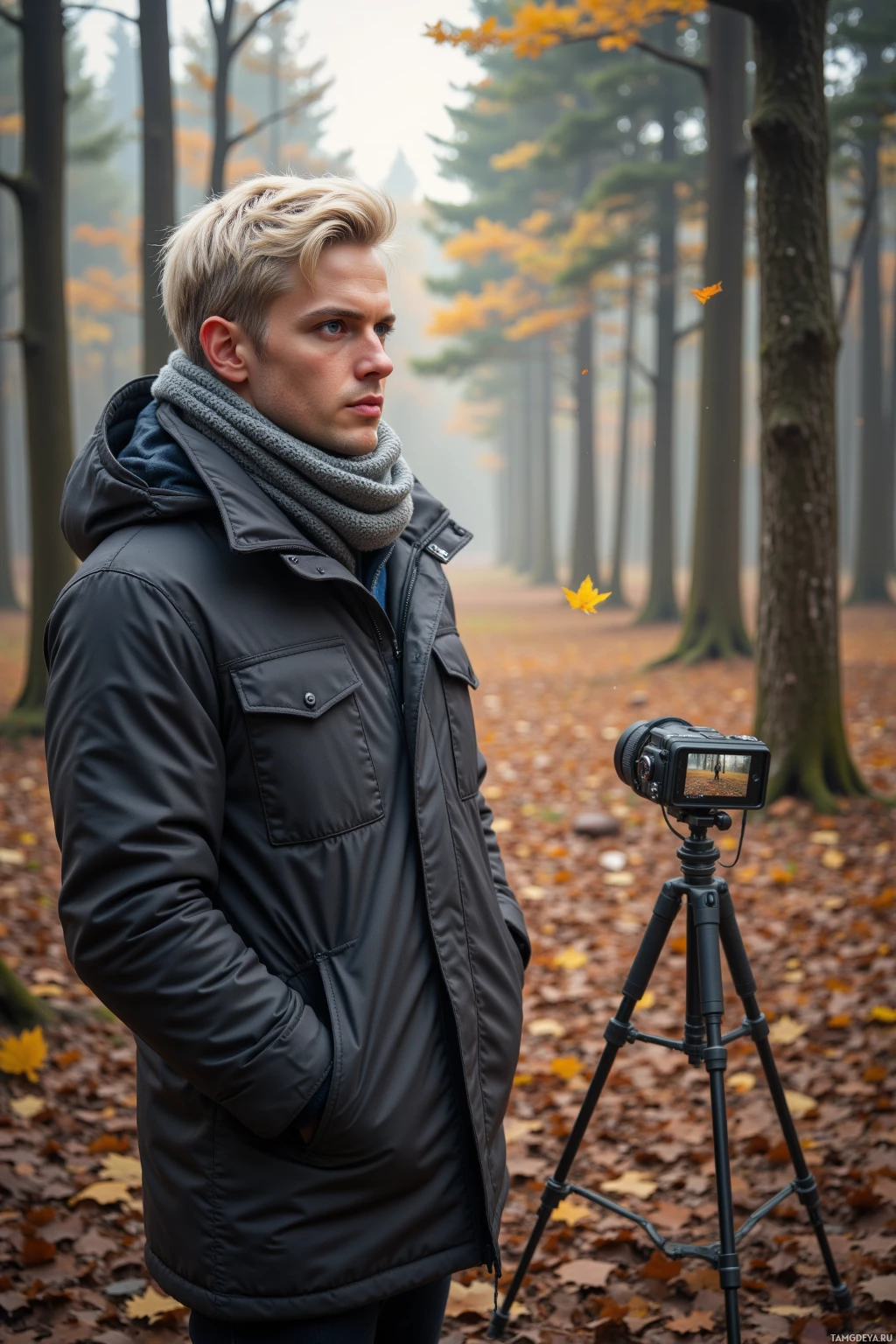 A person stands in a misty forest, wearing a dark jacket and scarf, with a camera on a tripod nearby.