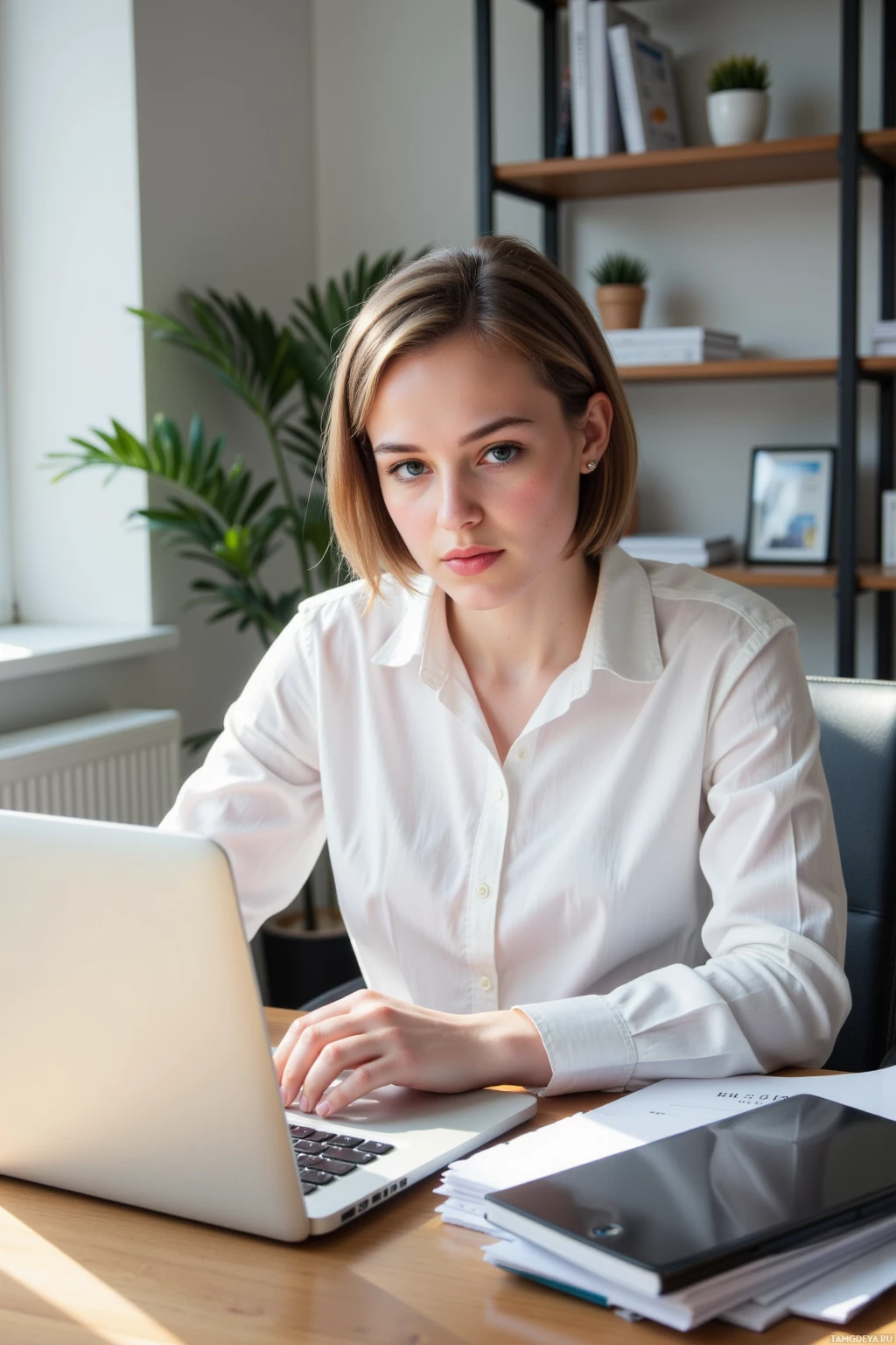 A woman in a white shirt works at a desk with a laptop and papers.