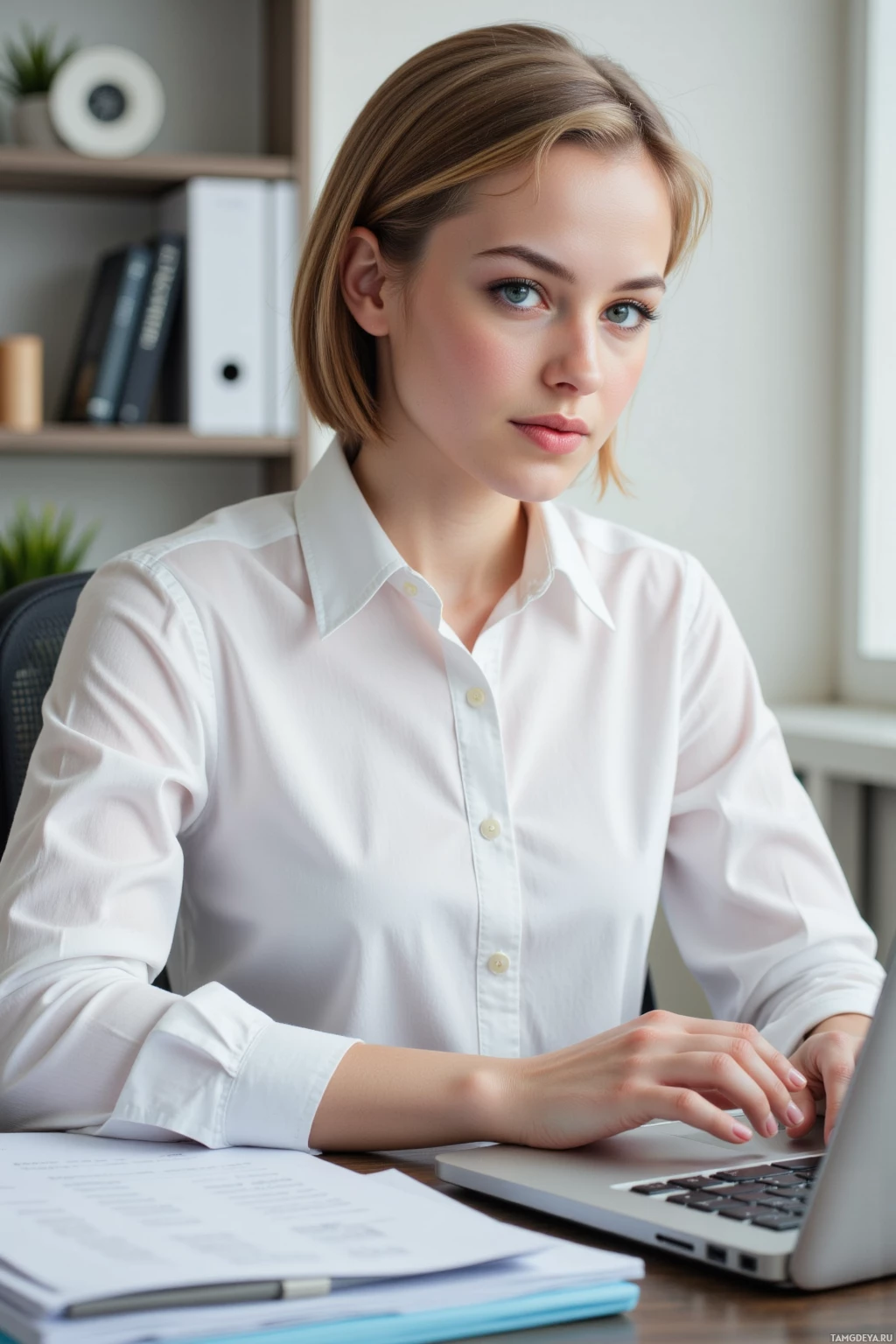 A woman in a white shirt is working at a desk with a laptop and papers.