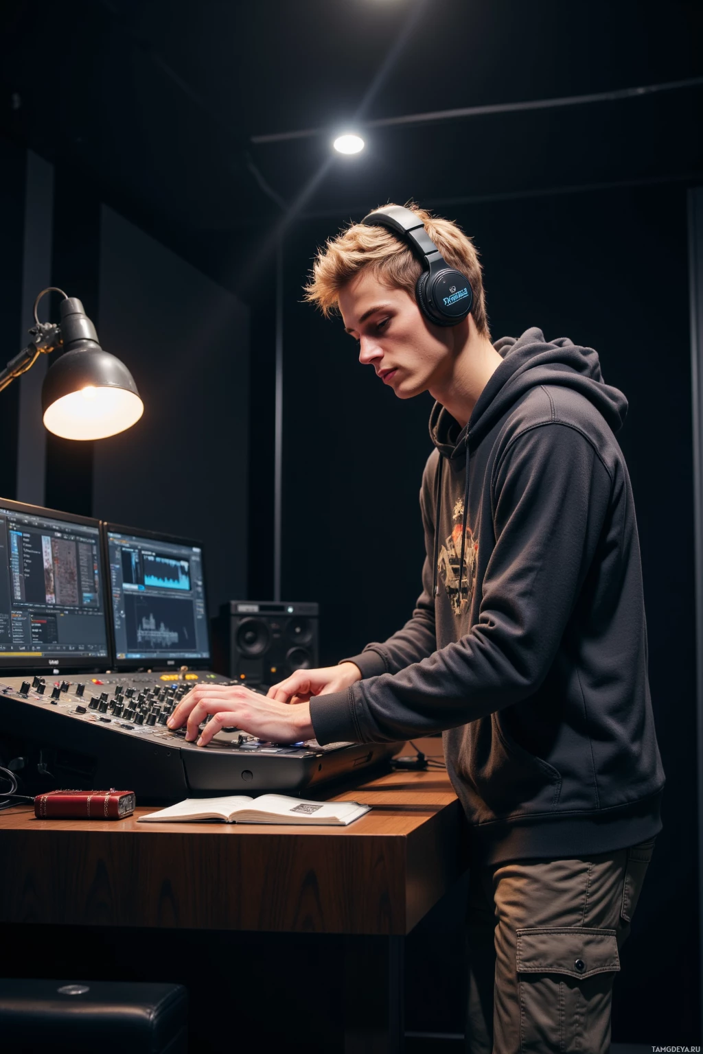 A person wearing headphones works at a mixing console in a dimly lit studio.