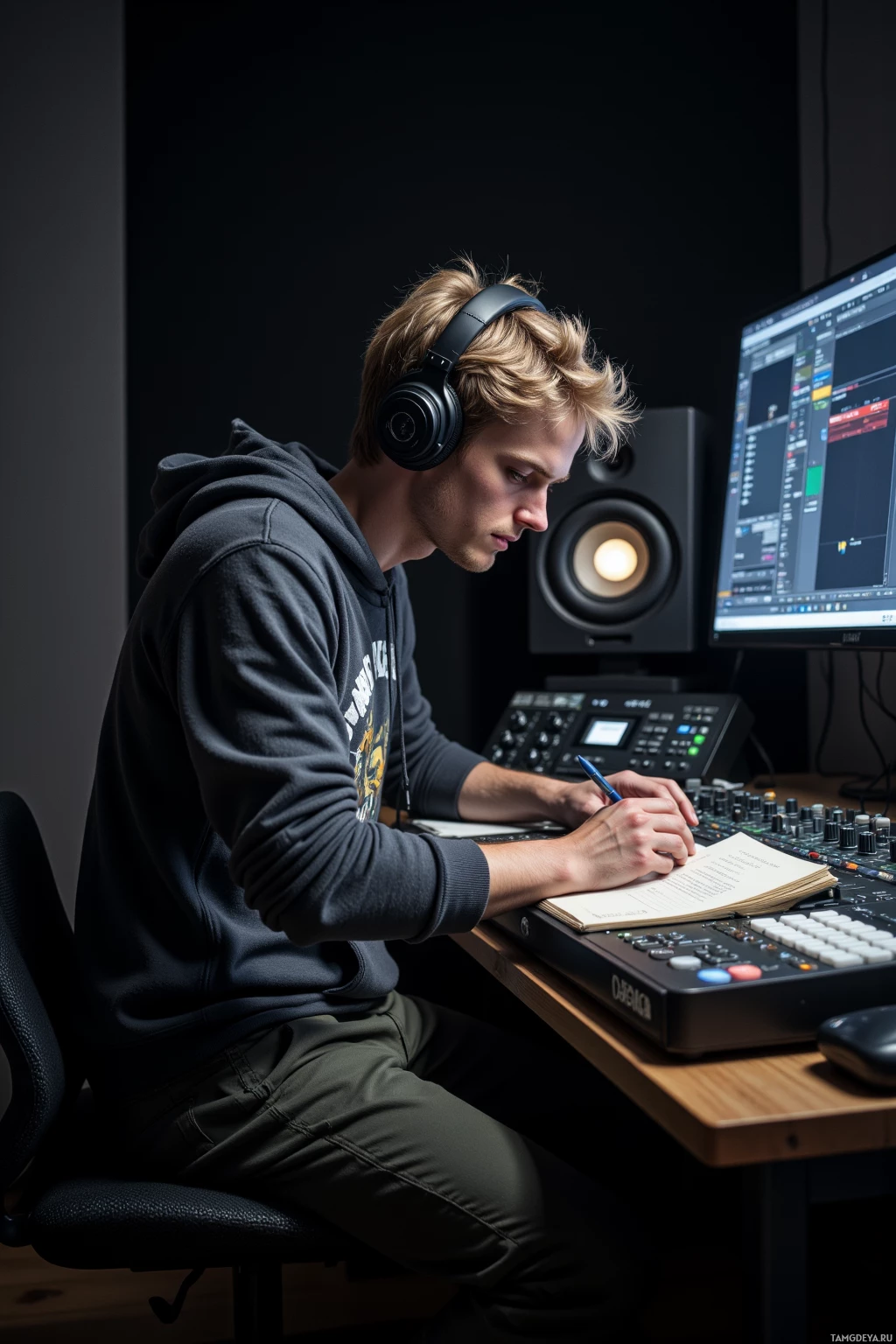 A person wearing headphones sits at a desk, writing in a notebook while using audio equipment.