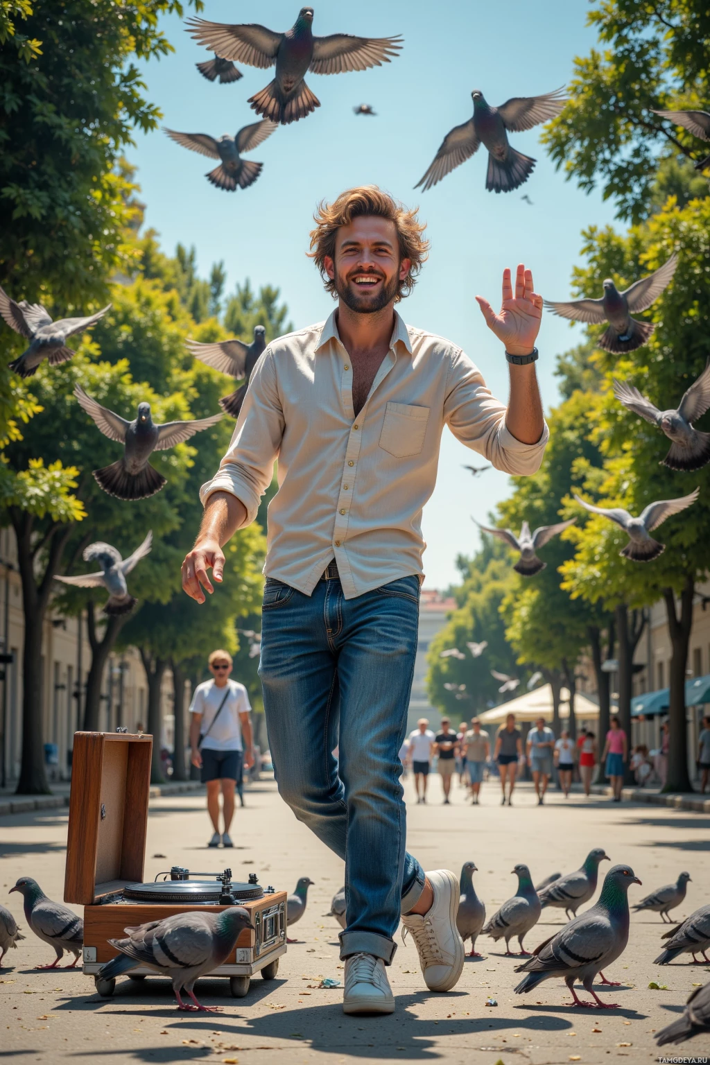 A man in a white shirt and jeans walks down a street with pigeons flying and walking around him.