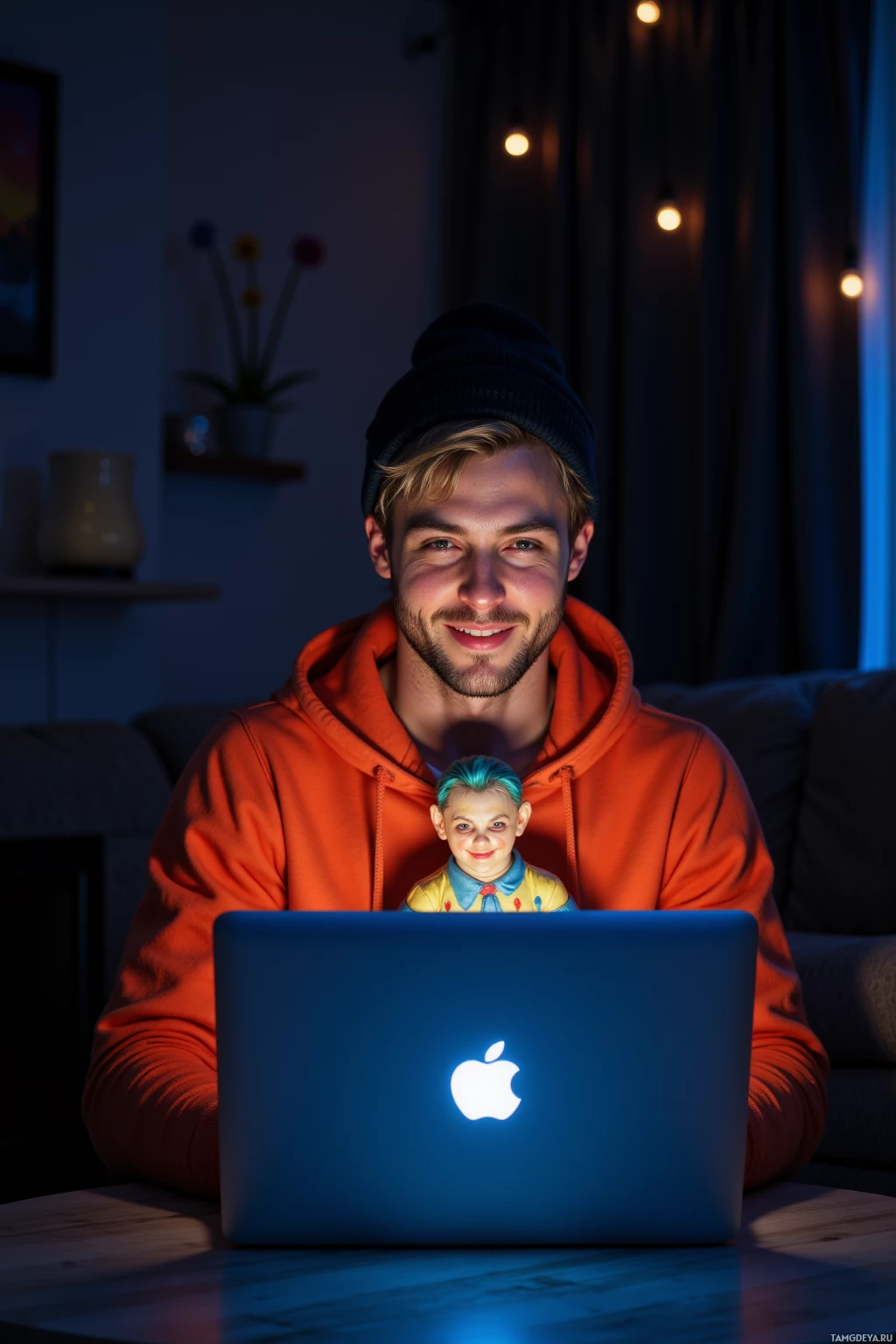 A person wearing an orange hoodie and a beanie is sitting at a desk with a glowing laptop, smiling.