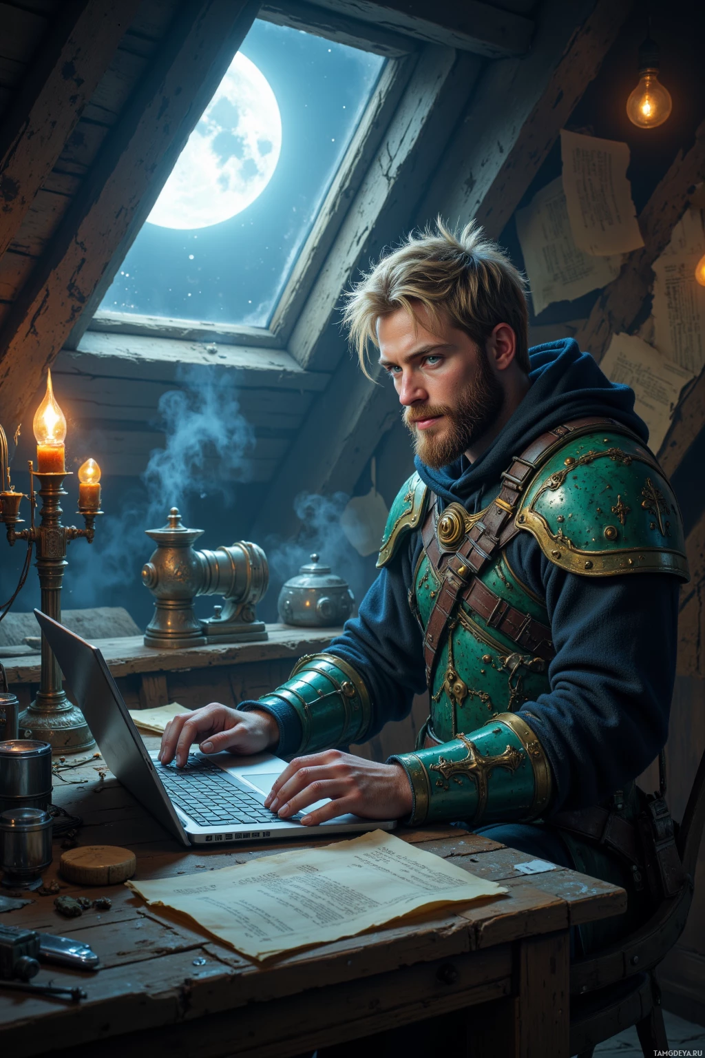 A person in medieval armor works on a laptop in a dimly lit attic room.