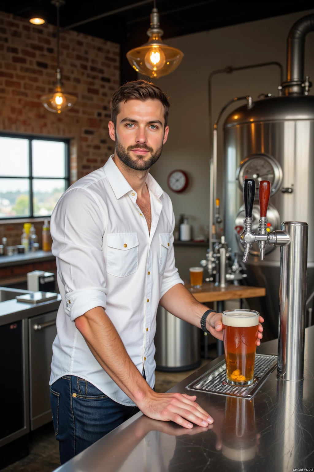 A man in a white shirt holds a glass of beer at a bar.