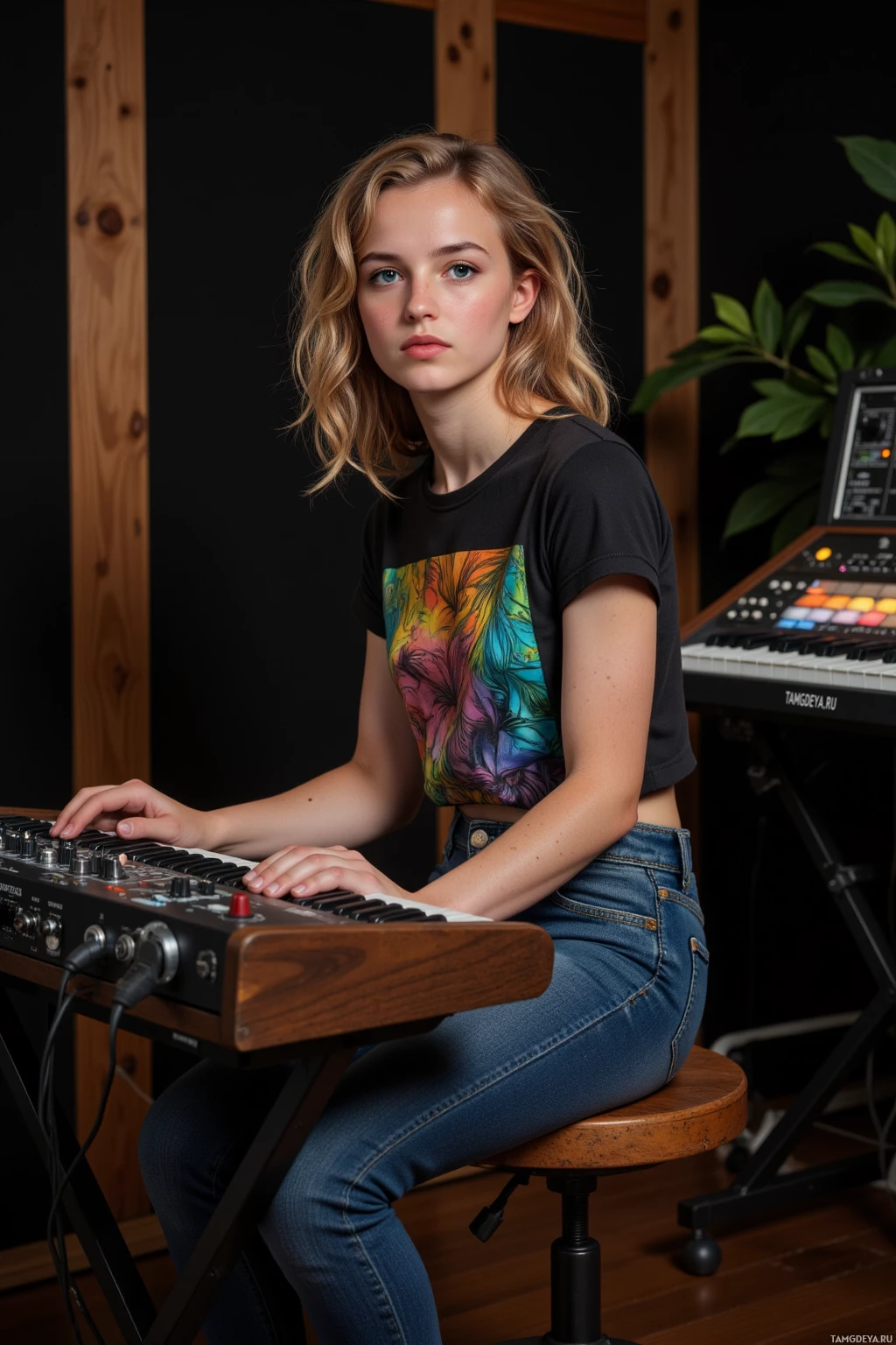 A person sits at a keyboard in a studio setting.