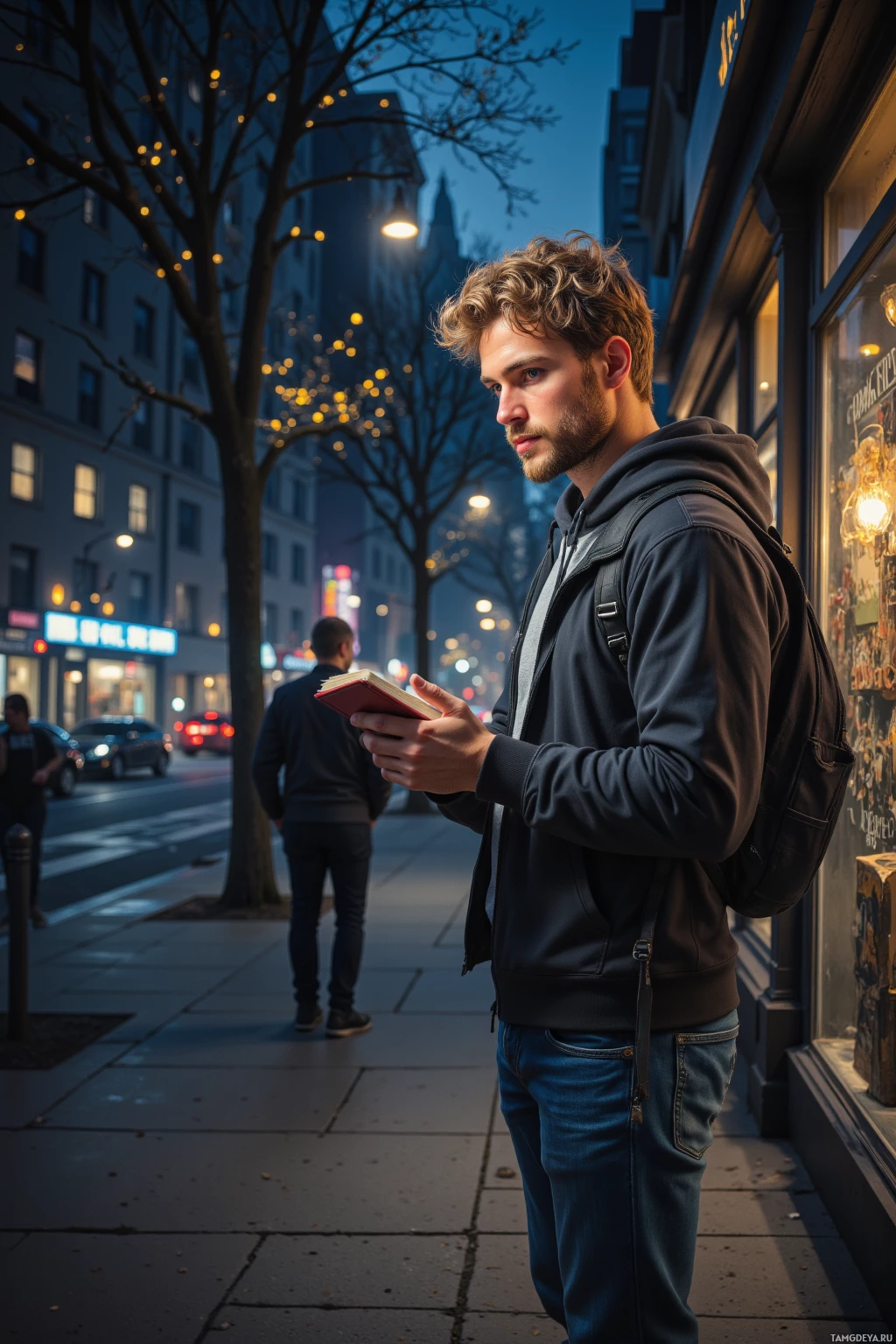 A man stands on a city sidewalk holding a book, wearing a hoodie and backpack, with a street scene and evening lights in the background.