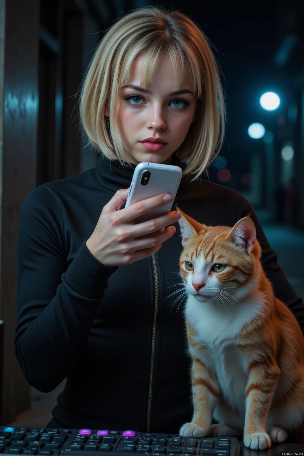 A person with a cat on their lap is holding a smartphone.