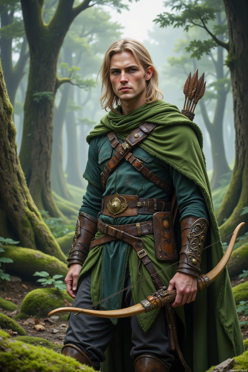 A person dressed as a medieval archer stands in a misty forest.