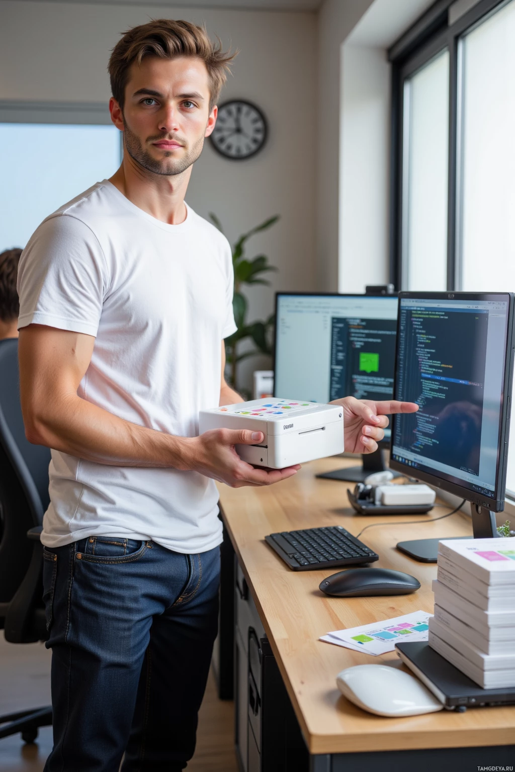 A man stands in an office holding a small device, with a computer monitor displaying code in the background.