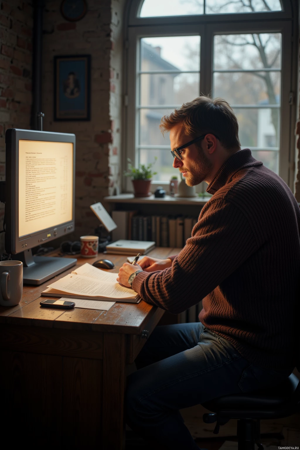 A man is working at a desk, using a computer and taking notes.