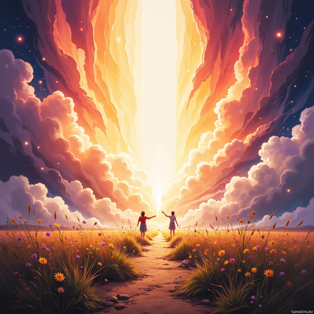 Two figures stand at the end of a path leading towards a radiant sky.
