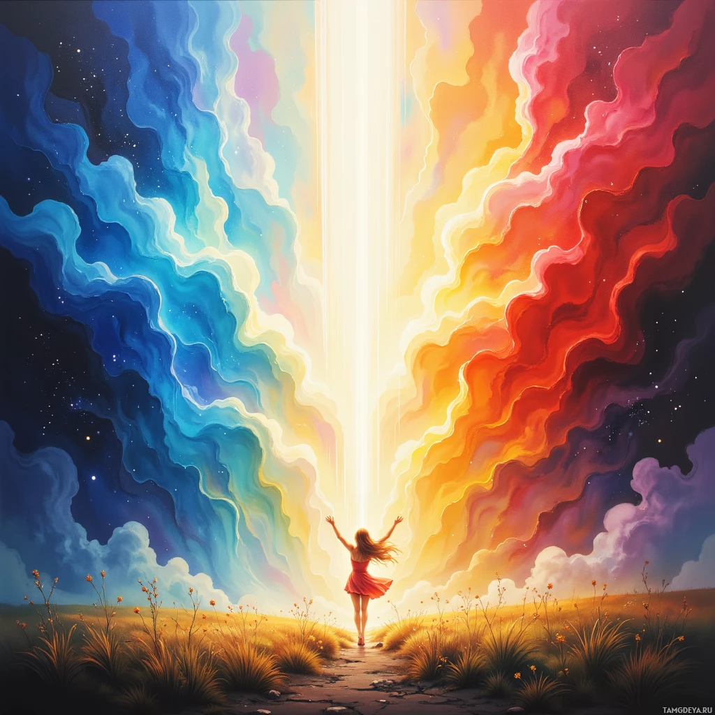 A vibrant painting depicts a person standing on a path under a colorful sky with swirling clouds and a bright light beam.