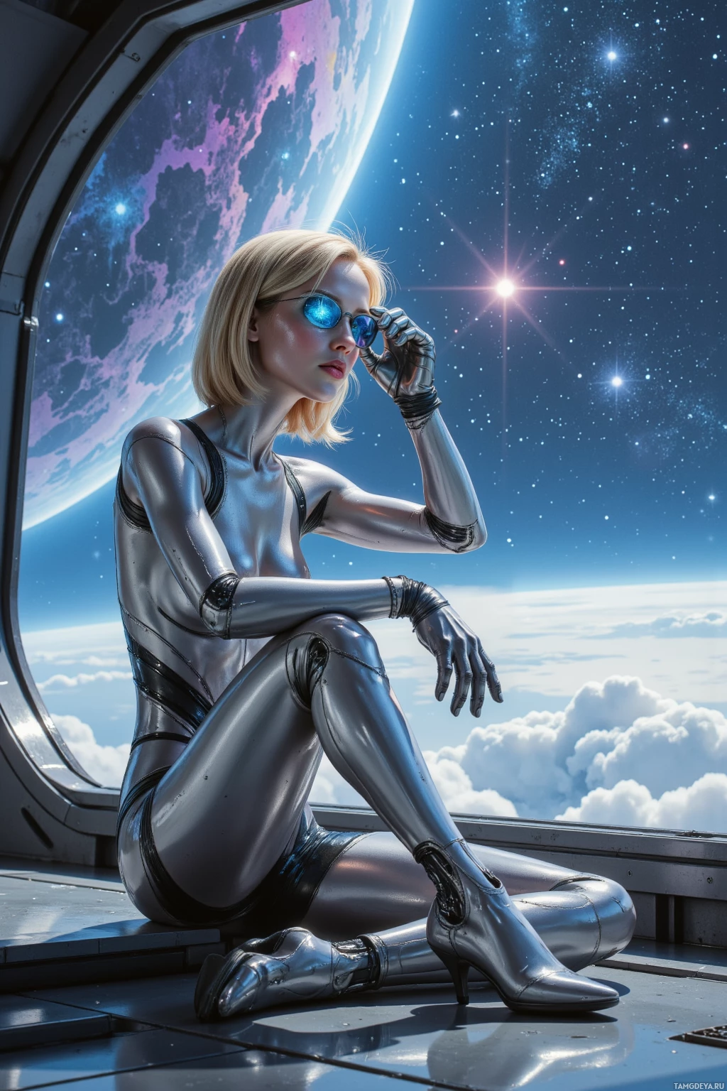 A person in a futuristic metallic suit sits inside a spacecraft, gazing out at a starry space scene.