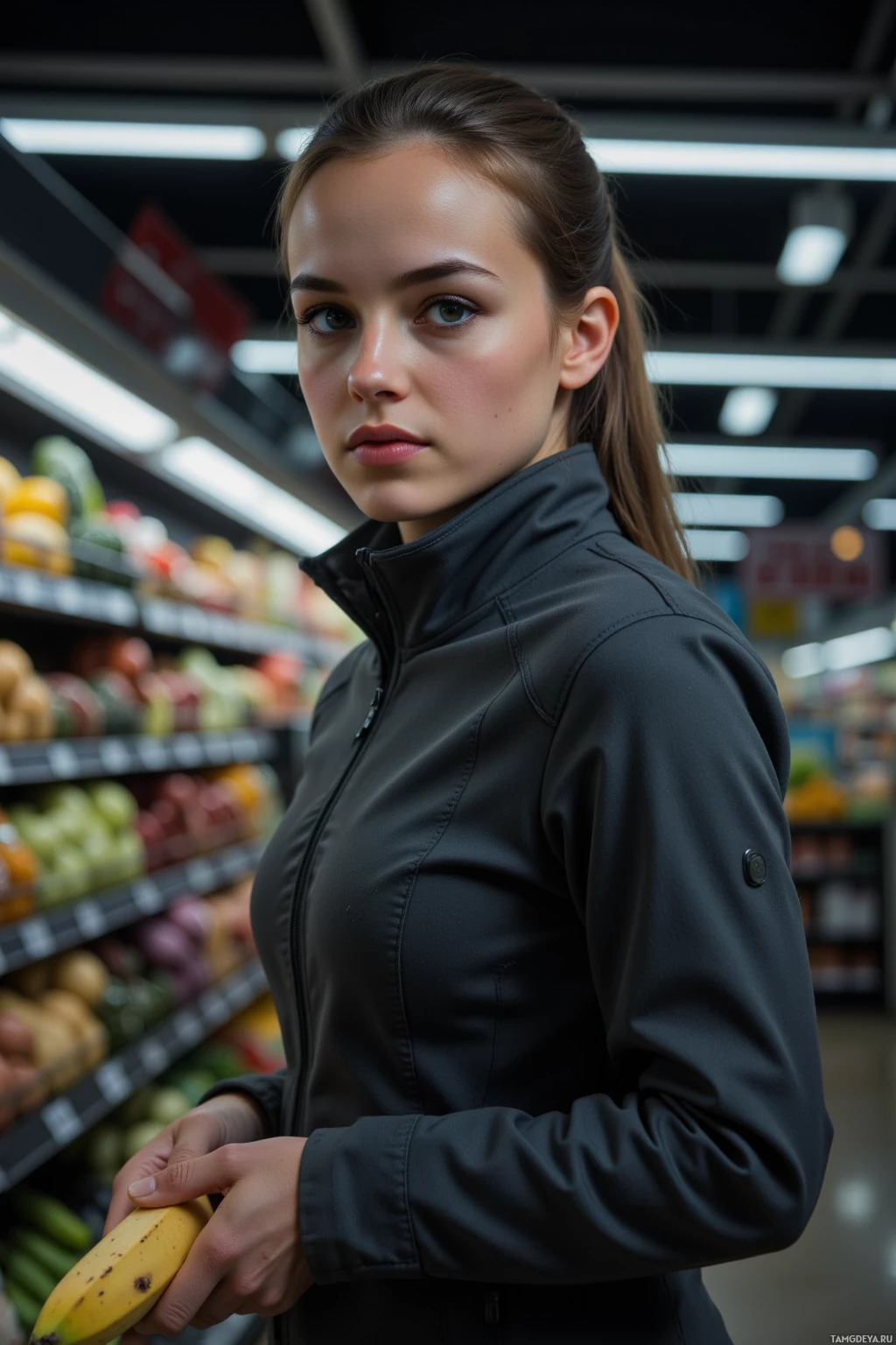 A woman in a grocery store holds a banana.