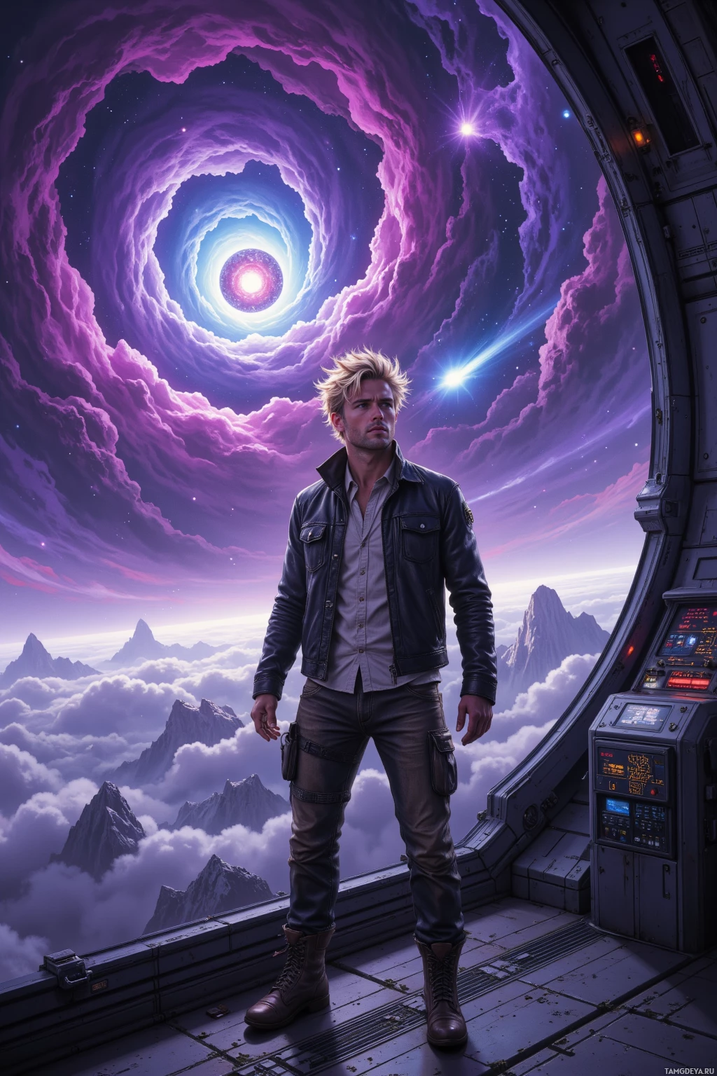 A man stands inside a futuristic spacecraft, gazing out at a vibrant cosmic scene with a swirling galaxy and distant mountains.