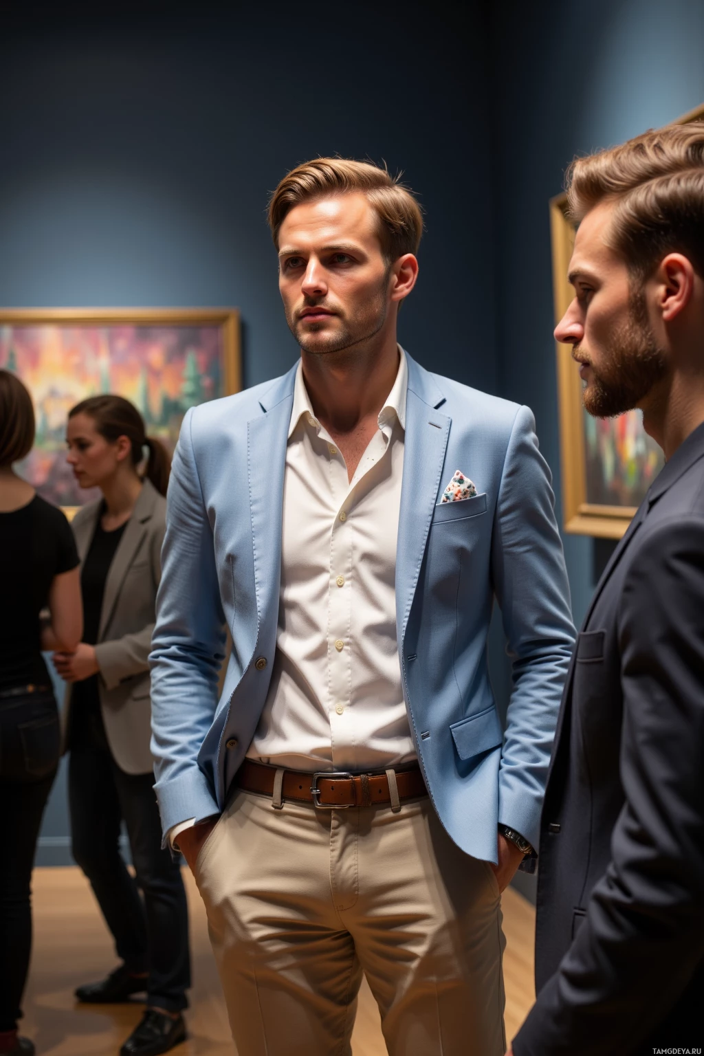 A man in a light blue suit jacket and beige pants stands in a gallery, looking to his right.