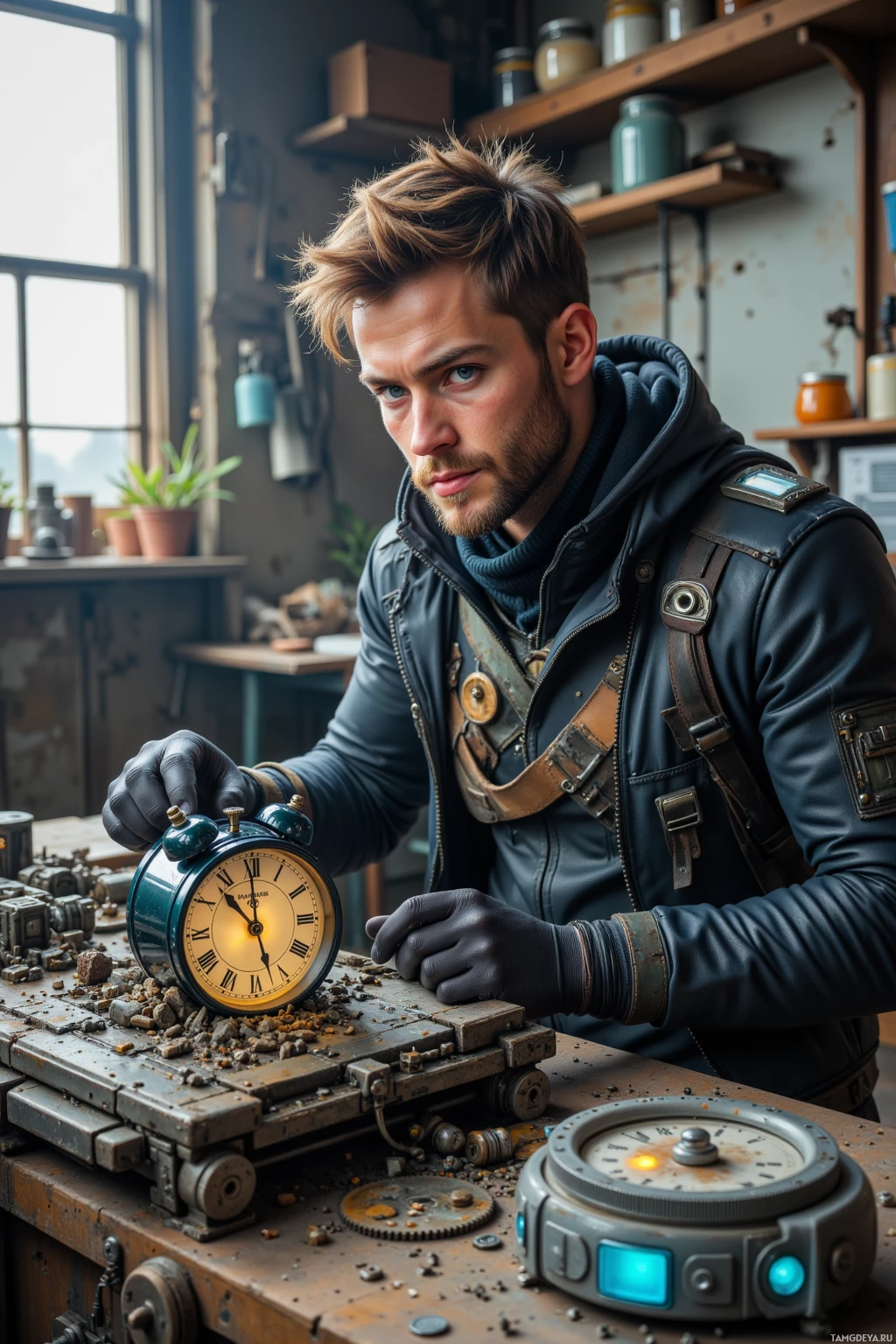 A man in a workshop setting, wearing a leather jacket and gloves, is examining a vintage-style clock.