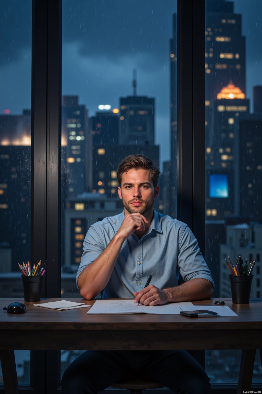 A man sits at a desk in a dimly lit room with a cityscape view through the window, holding a pen and looking contemplative.