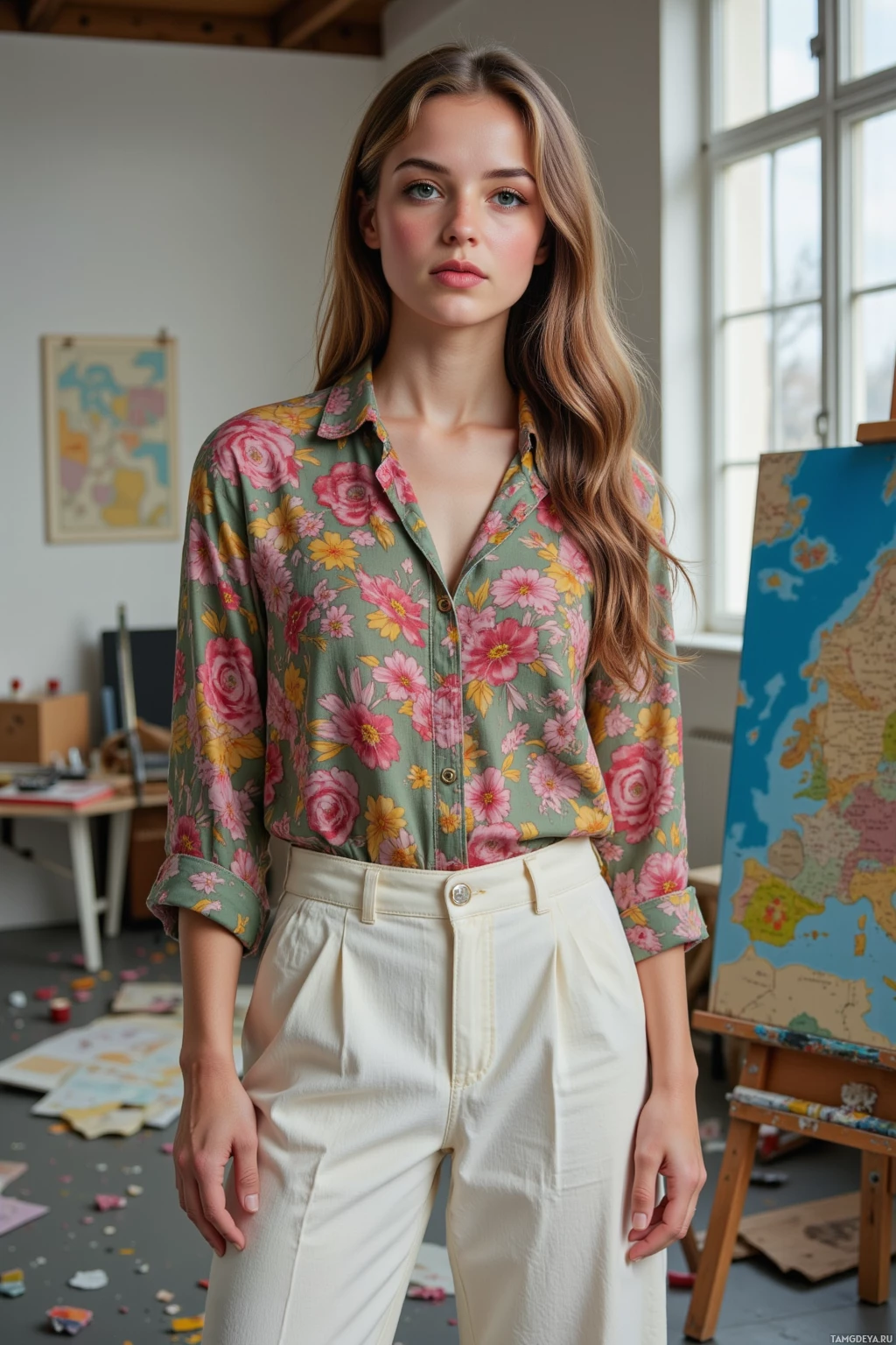 A woman stands in a room wearing a floral shirt and cream-colored pants.