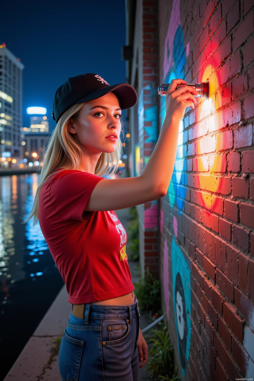 A person wearing a red shirt and cap stands near a brick wall, holding a flashlight that casts colorful light patterns.