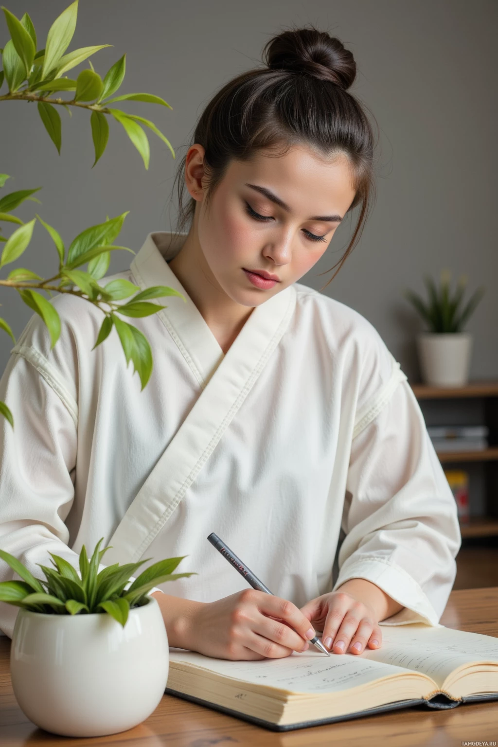 A person in a white kimono is writing in a notebook with a pen.