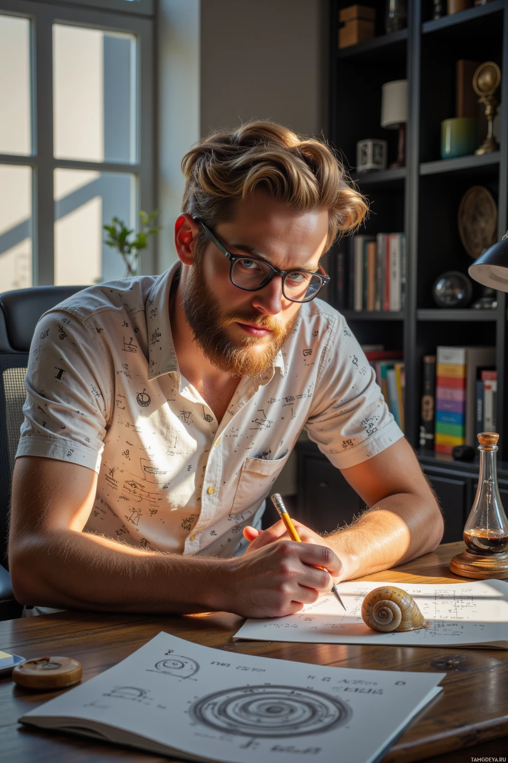 A man with glasses and a beard is sitting at a desk, writing on a piece of paper with a pencil.
