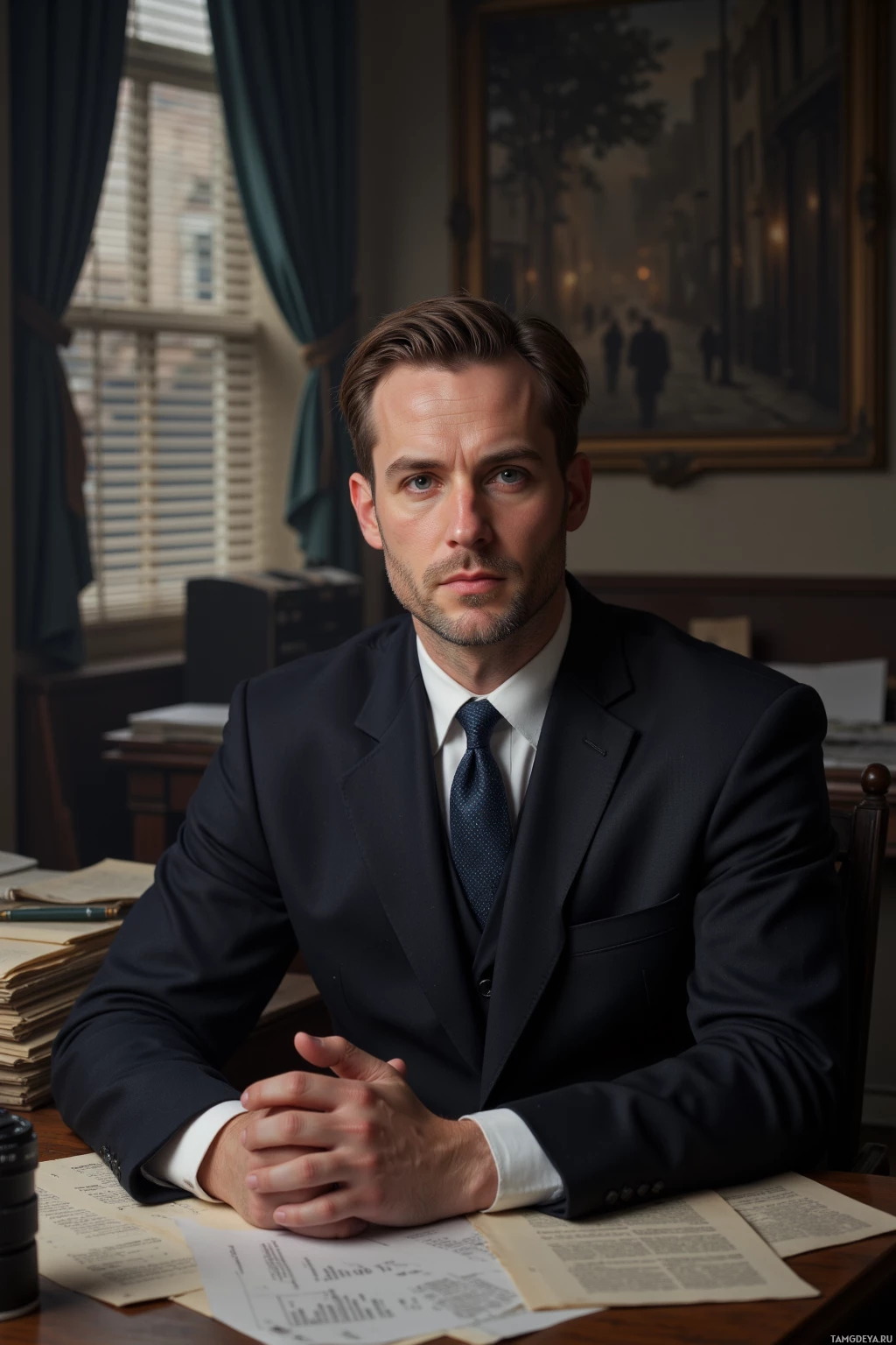 A man in a suit sits at a desk with papers, in a room with a window and a painting.