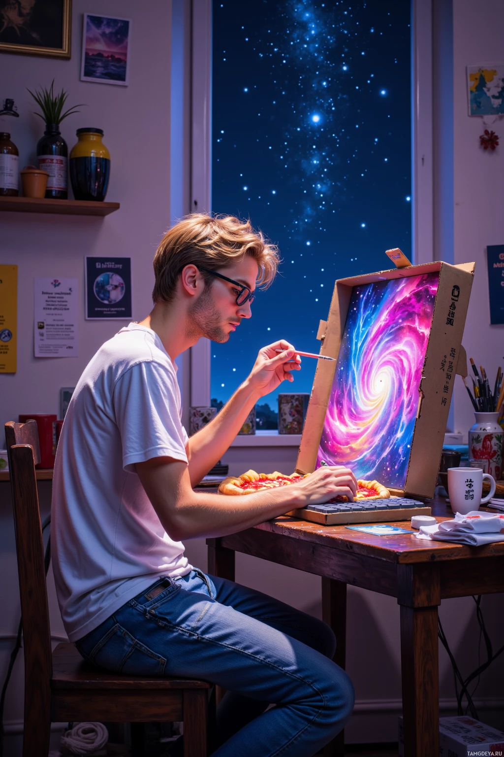 A person is painting a vibrant cosmic scene on a canvas in a cozy room.