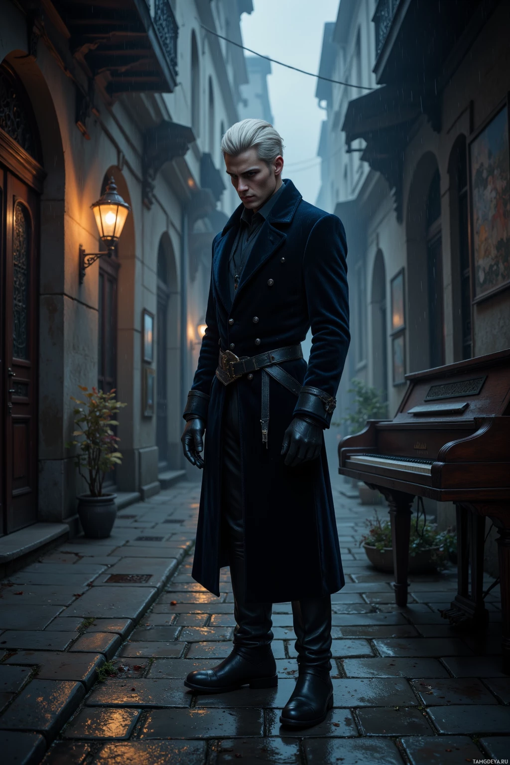 A man in a dark coat stands in a rainy alleyway near a piano.
