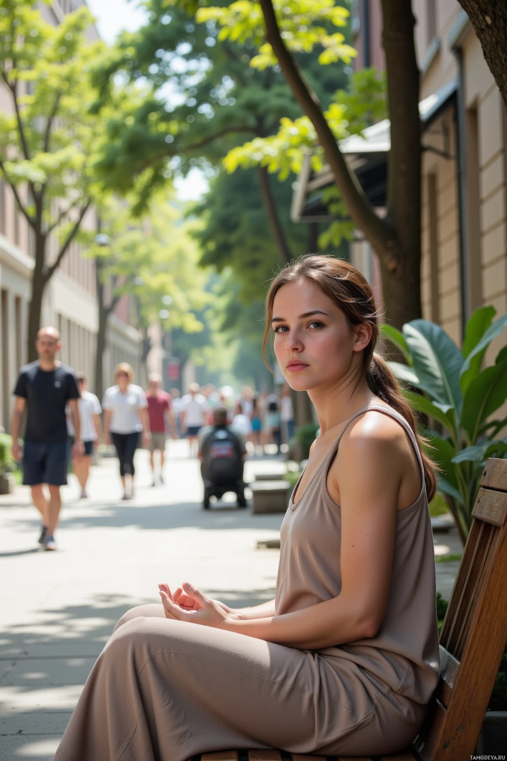A woman sits on a bench in a sunny urban setting with people walking in the background.