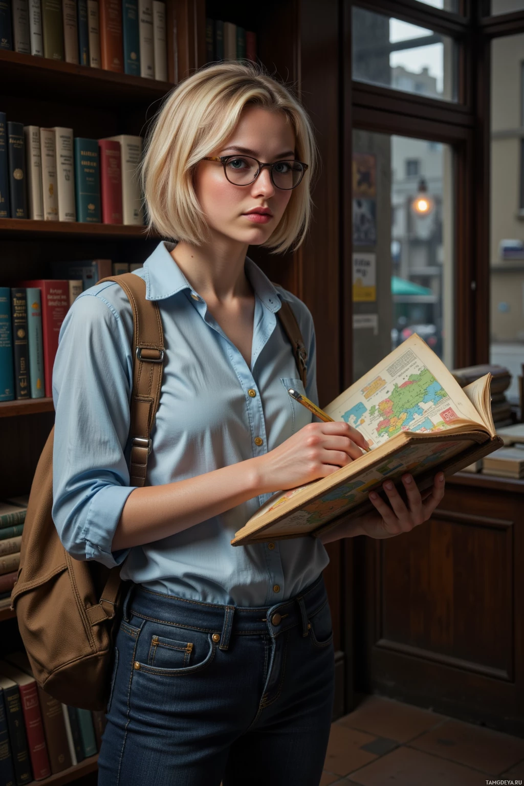 A young woman stands in a library, holding an open book and a pencil, with a backpack and bookshelf in the background.