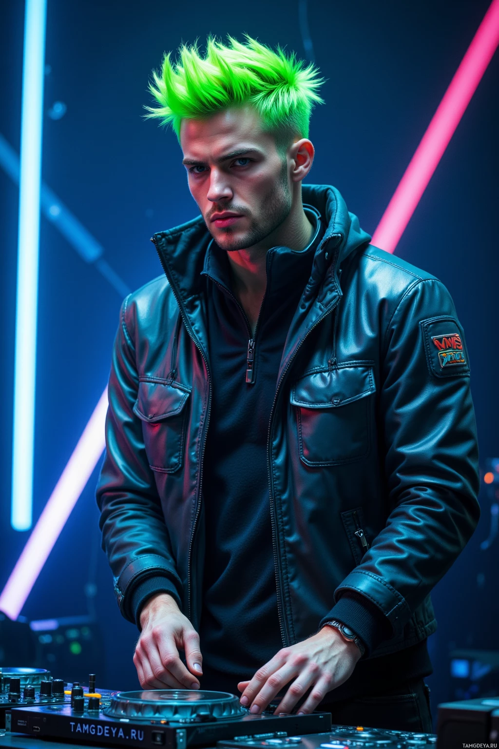 A person with bright green hair stands behind a DJ setup, wearing a black leather jacket, in a neon-lit environment.