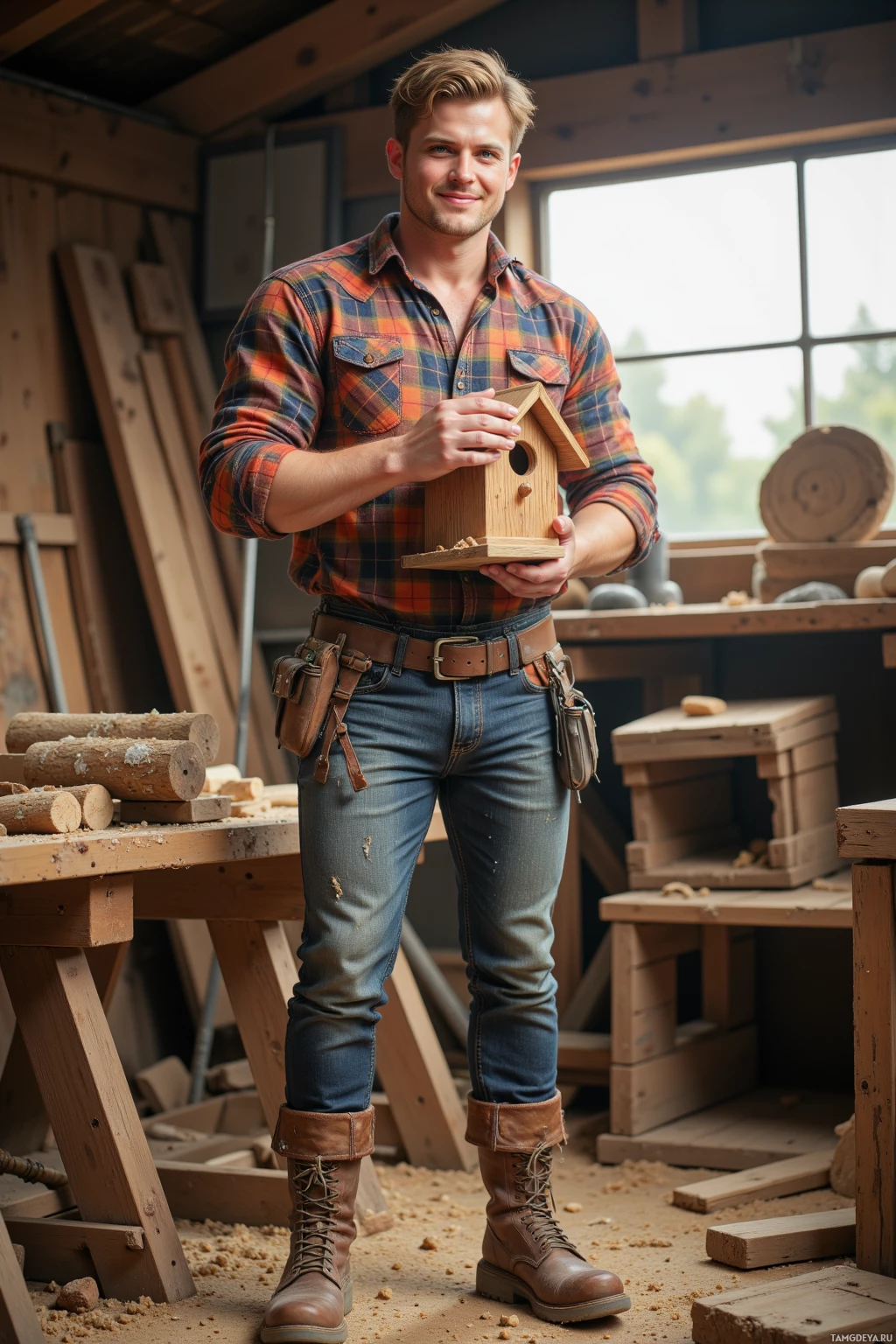 A man in a plaid shirt and jeans stands in a workshop holding a small wooden birdhouse.