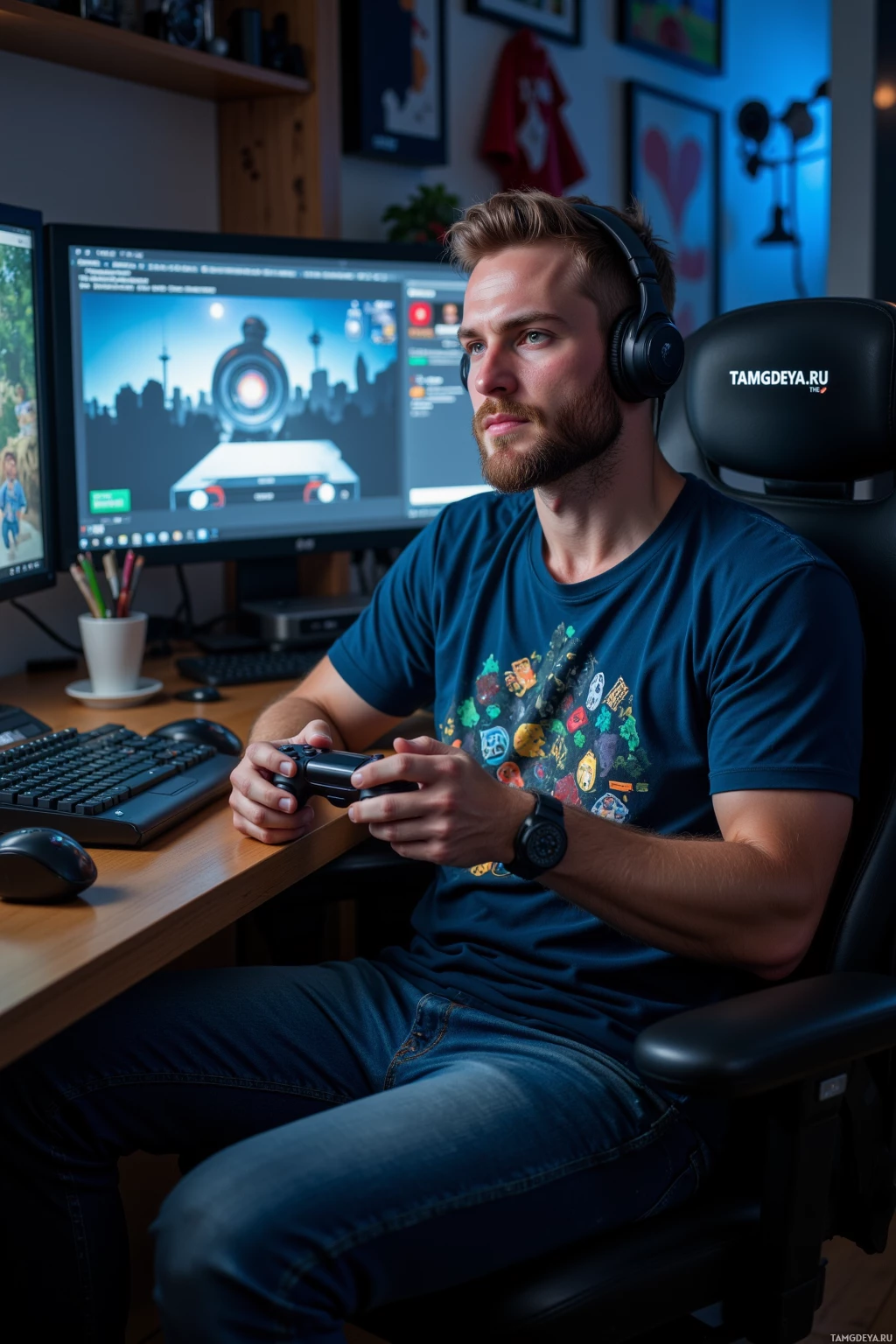 A person is sitting in a gaming chair, holding a controller, and wearing headphones while playing a video game on a computer.