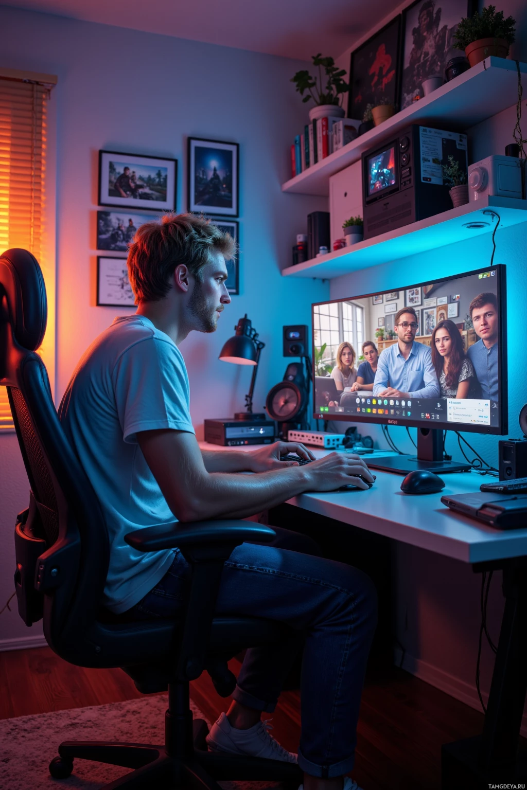 A person is sitting at a desk in a room with colorful lighting, using a computer.