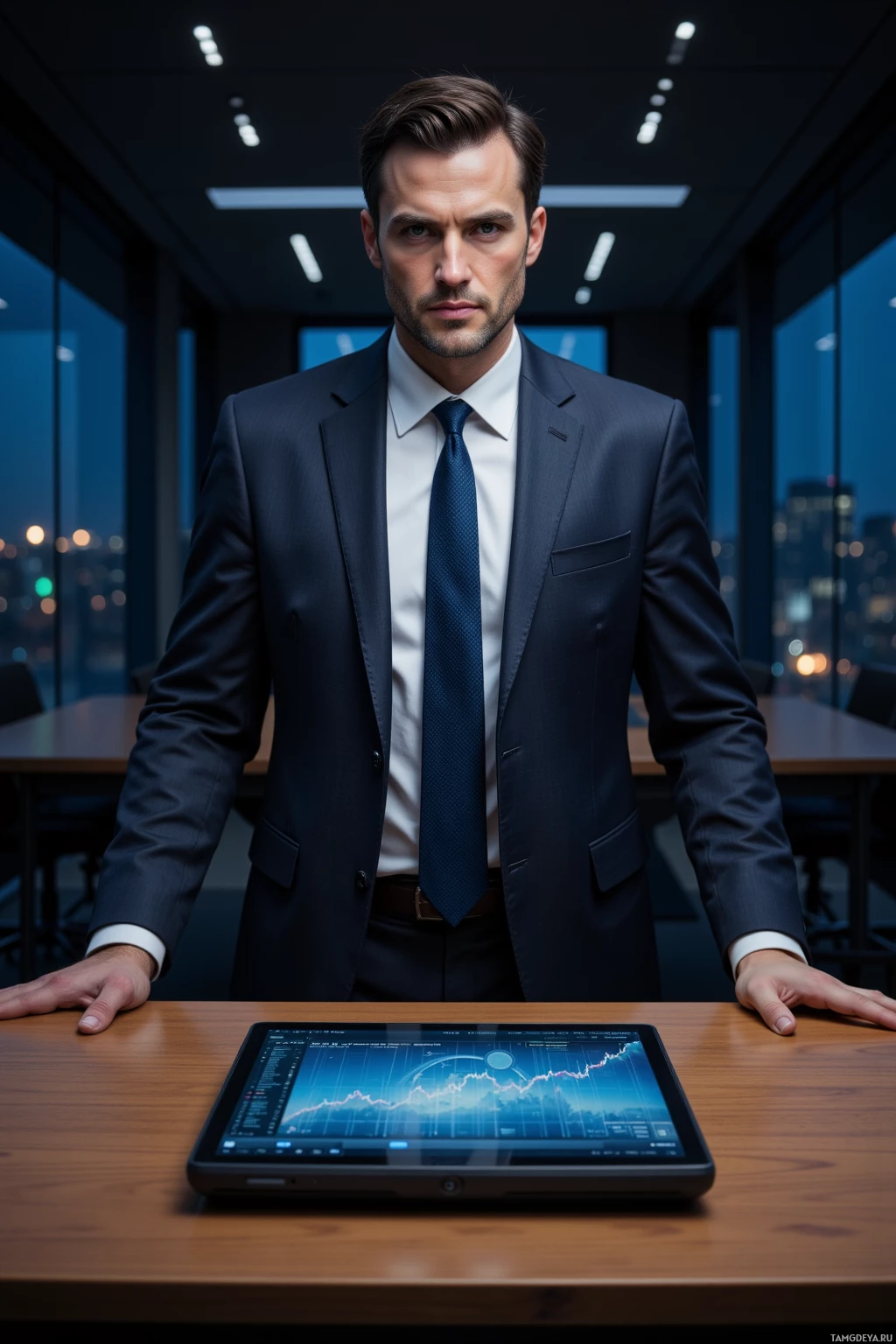 A man in a suit stands in an office with a tablet displaying a graph on the table in front of him.