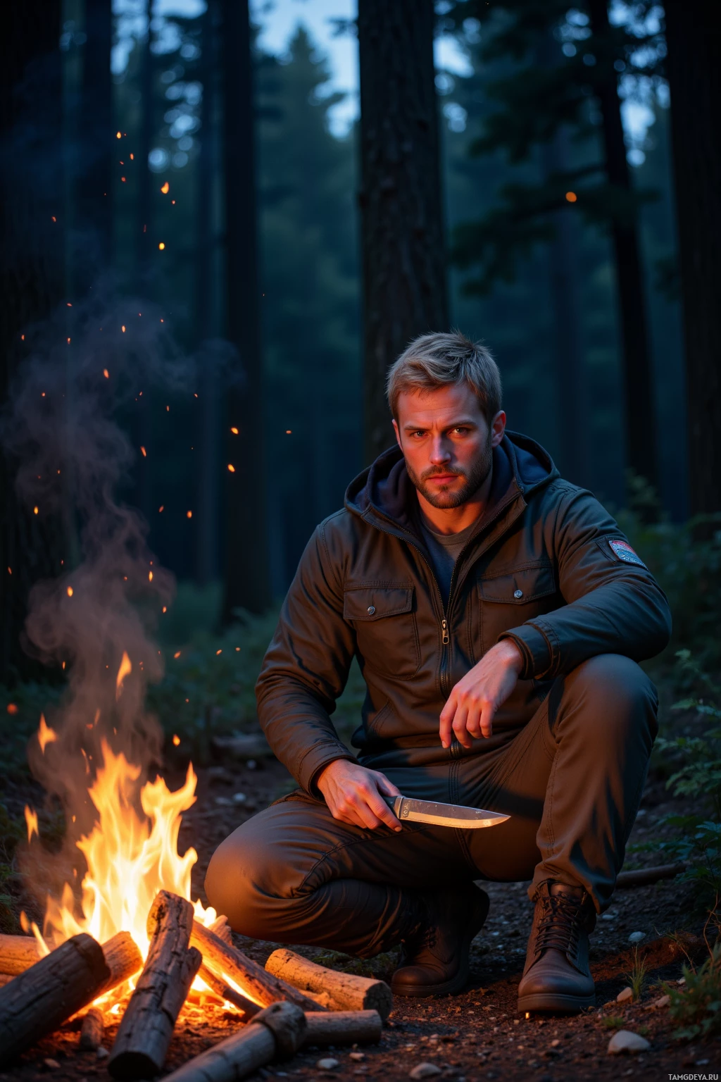A man in outdoor attire sits by a campfire in a forest.
