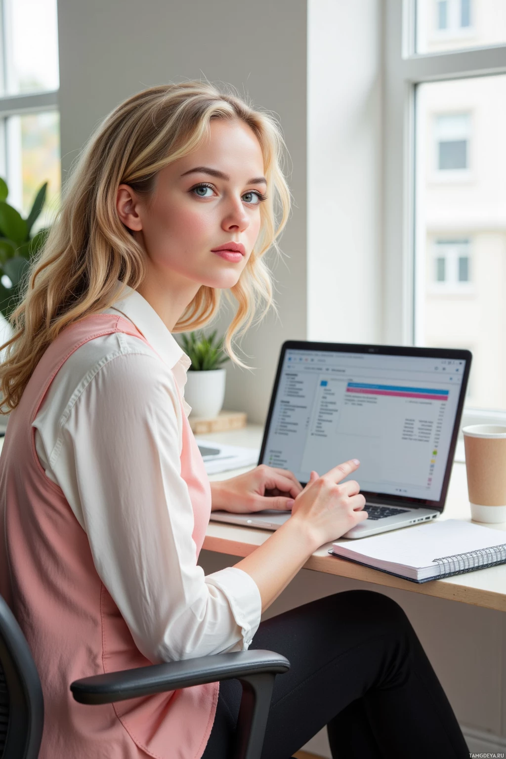 A woman is sitting at a desk with a laptop, looking at the screen.