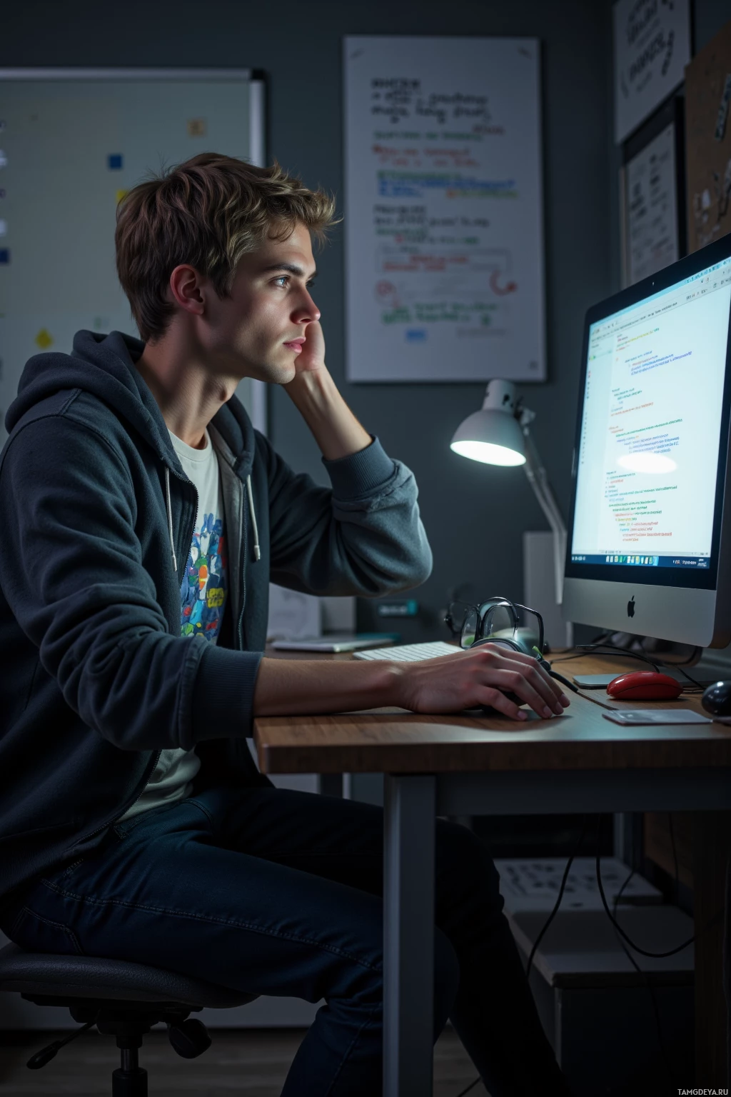 A person sits at a desk in a dimly lit room, working on a computer.