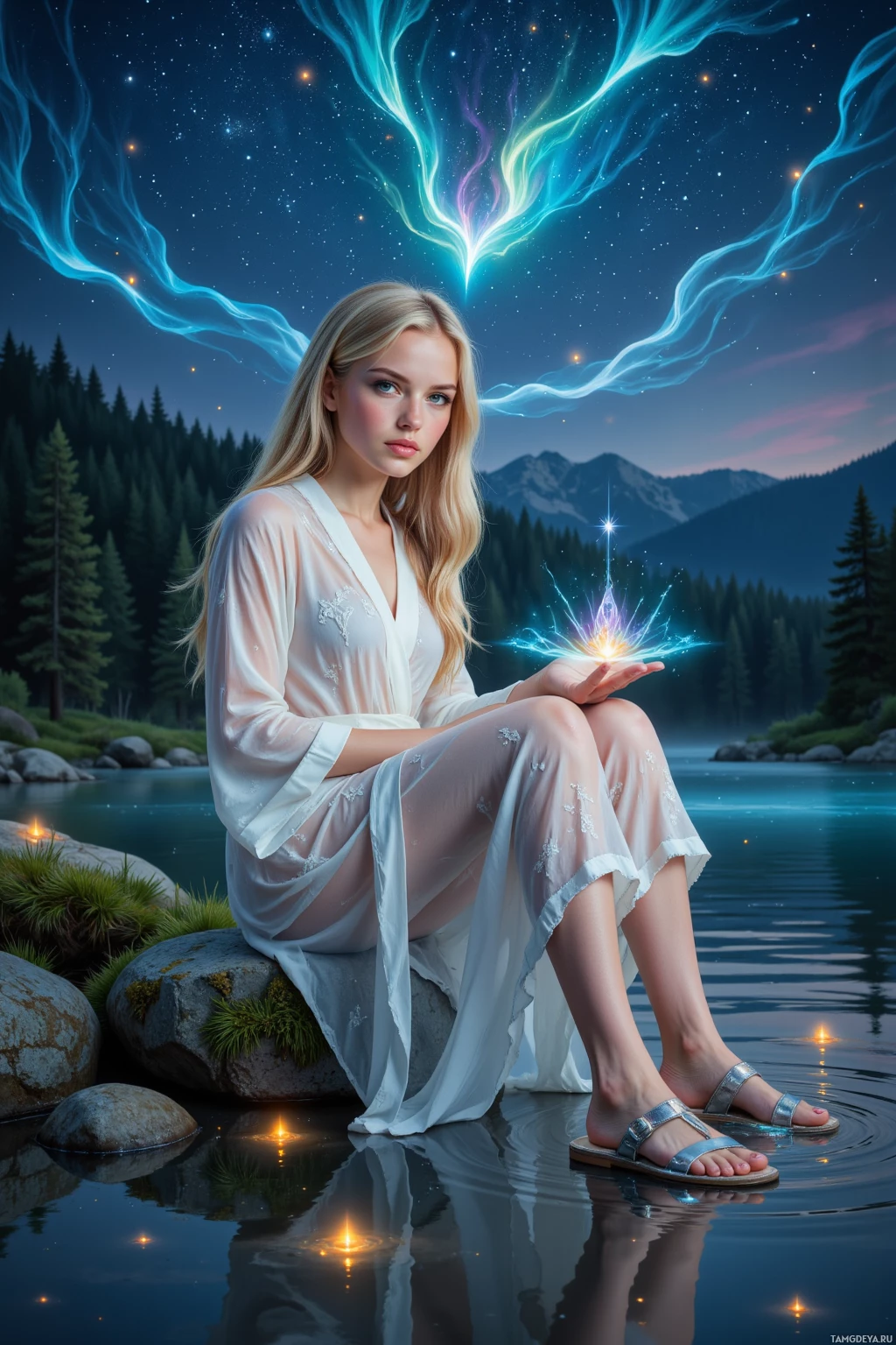 A woman in a flowing white dress sits on a rock by a serene lake, surrounded by a night sky filled with stars and glowing energy.