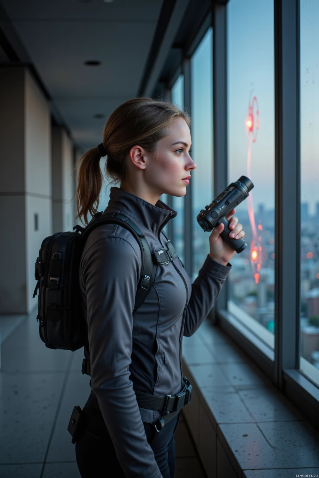 A person stands by a window, holding a device and wearing a backpack.