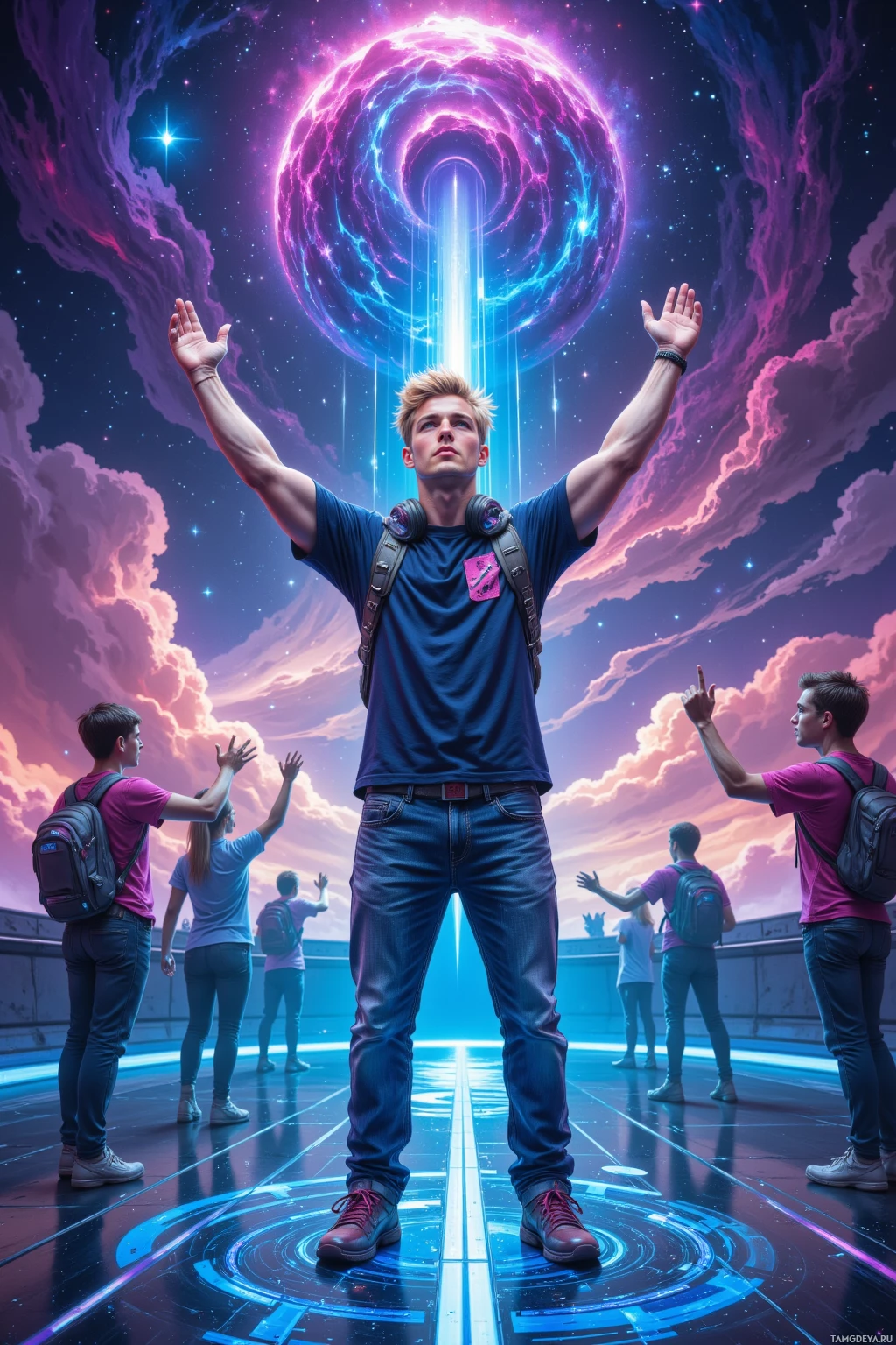 A group of people stands on a futuristic platform, reaching towards a glowing portal in the sky.
