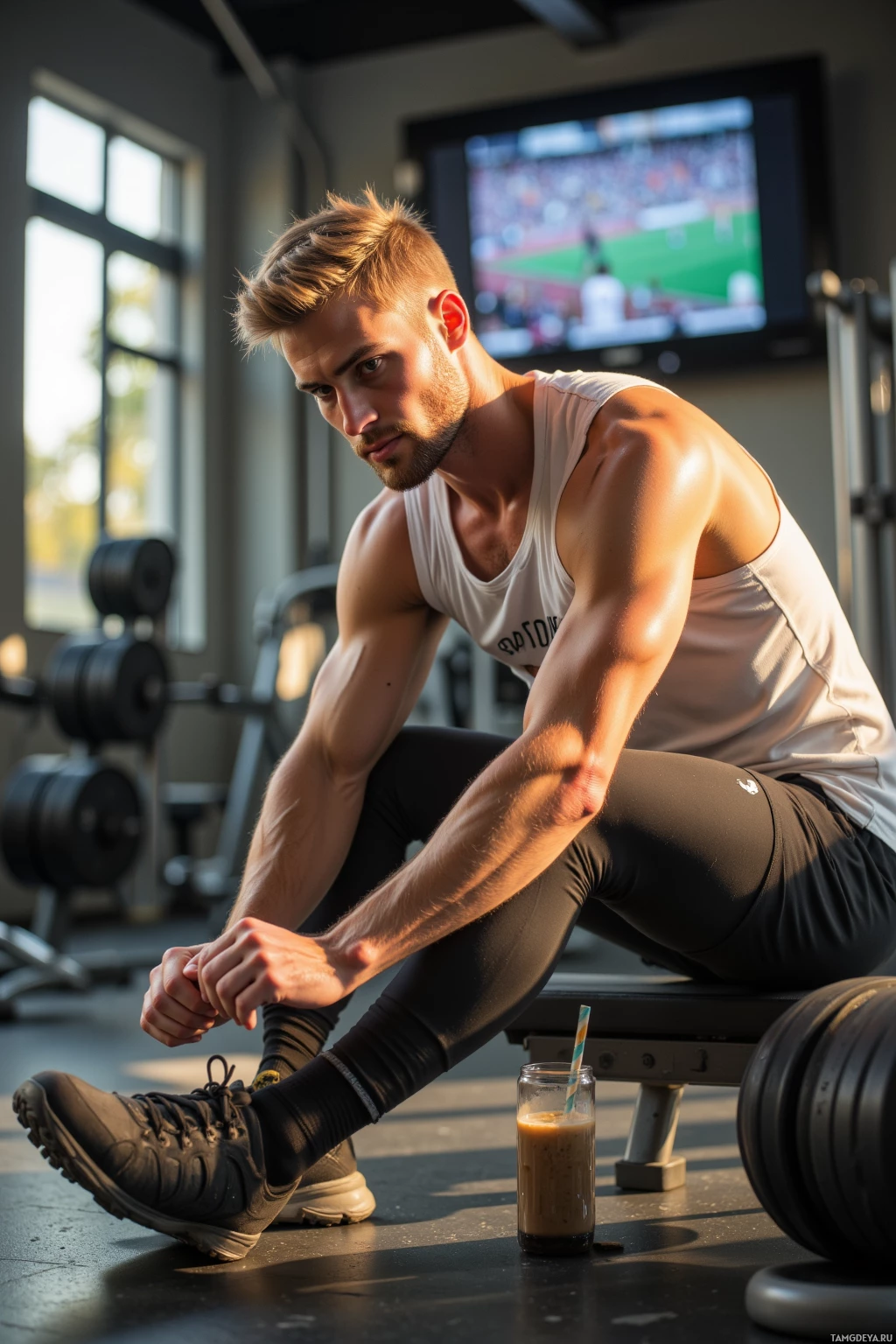A muscular man in a gym is tying his shoelaces while sitting on a bench.