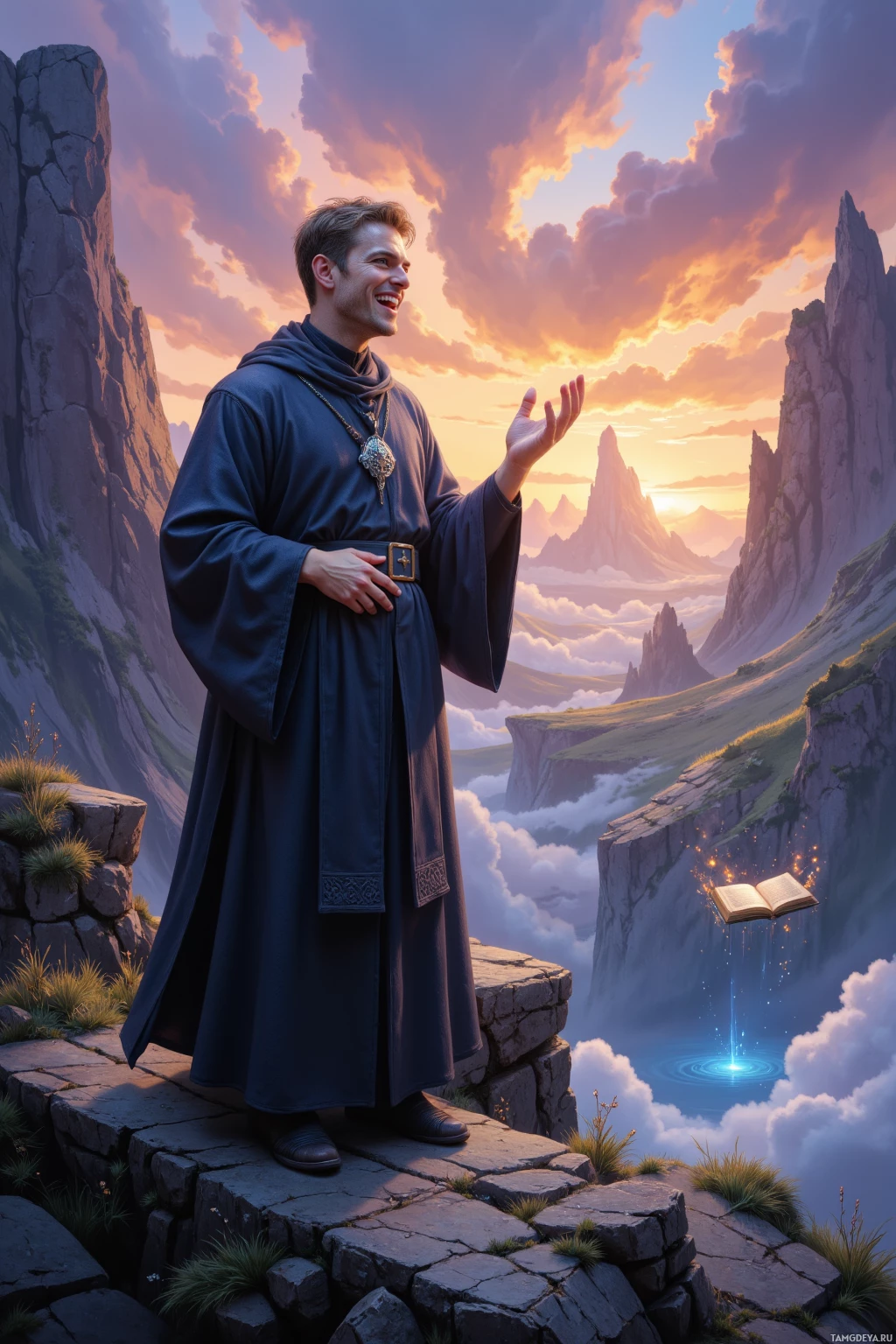 A robed figure stands on a cliff overlooking a mountainous landscape with a glowing book floating nearby.