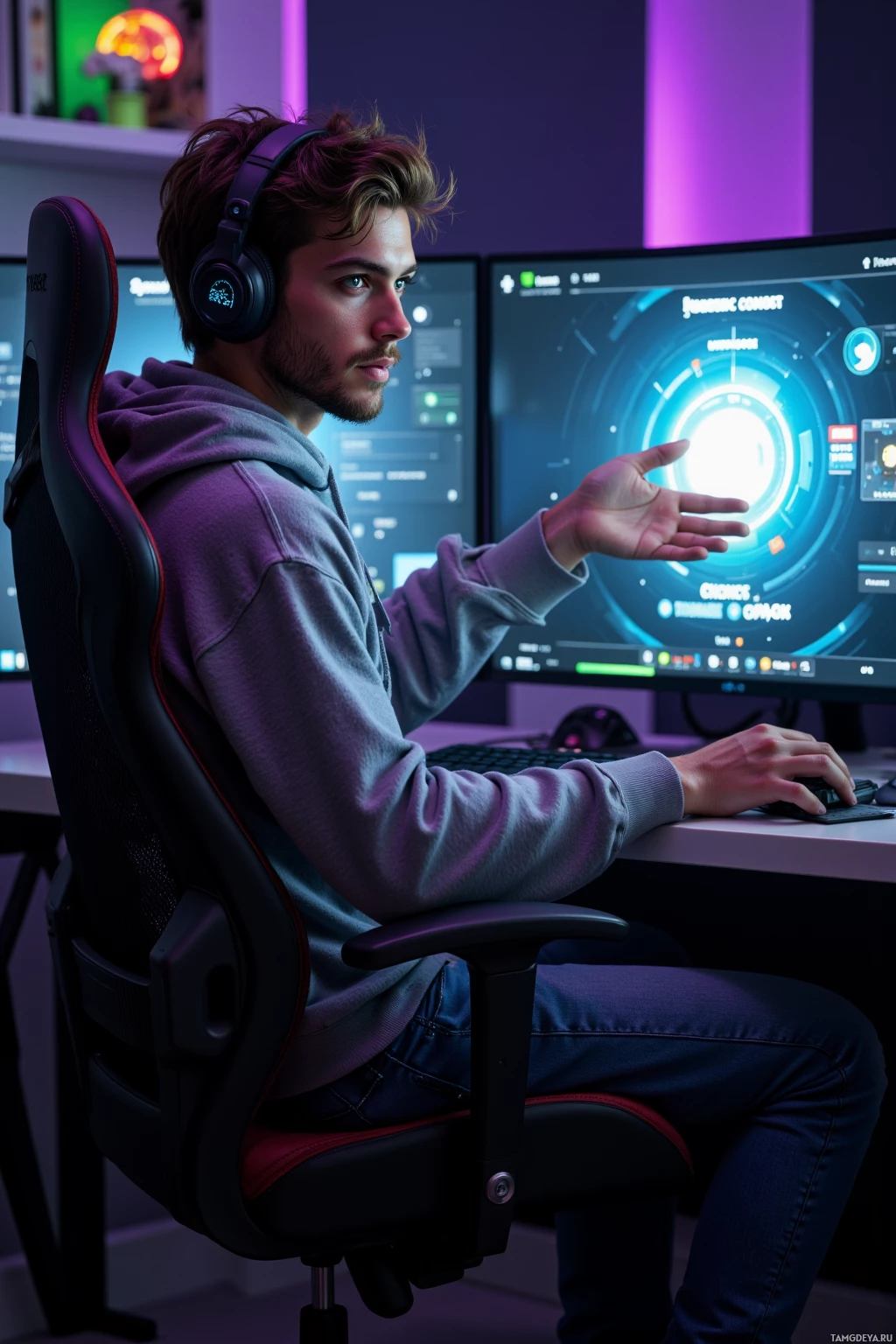 A person wearing headphones sits in a gaming chair, interacting with a computer screen displaying a futuristic interface.