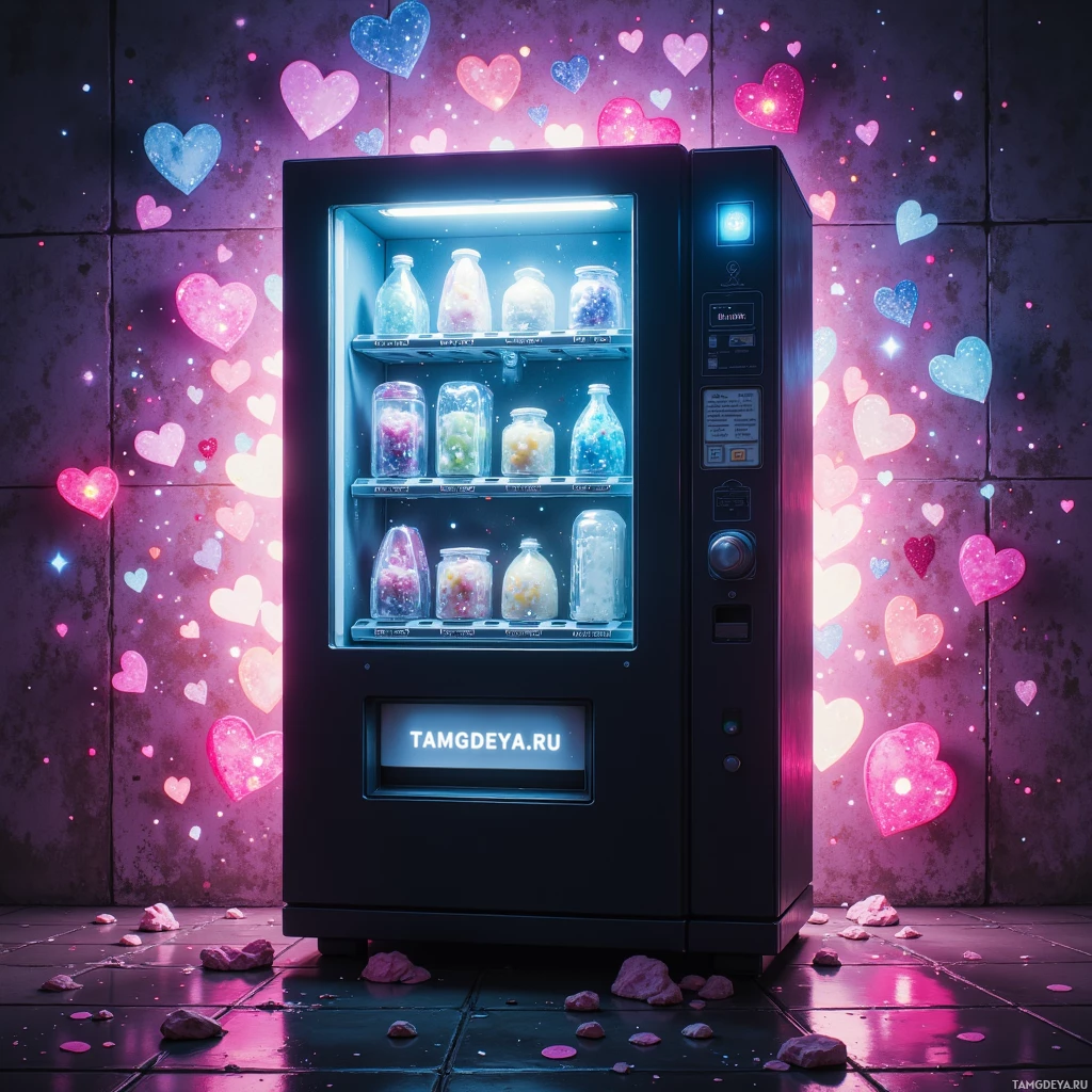 A vending machine filled with jars of colorful contents, surrounded by glowing hearts.