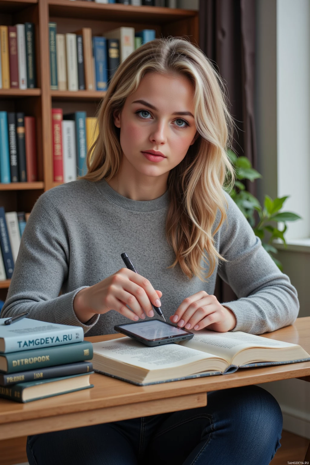 A person sits at a desk with books and a tablet, appearing to study or work.